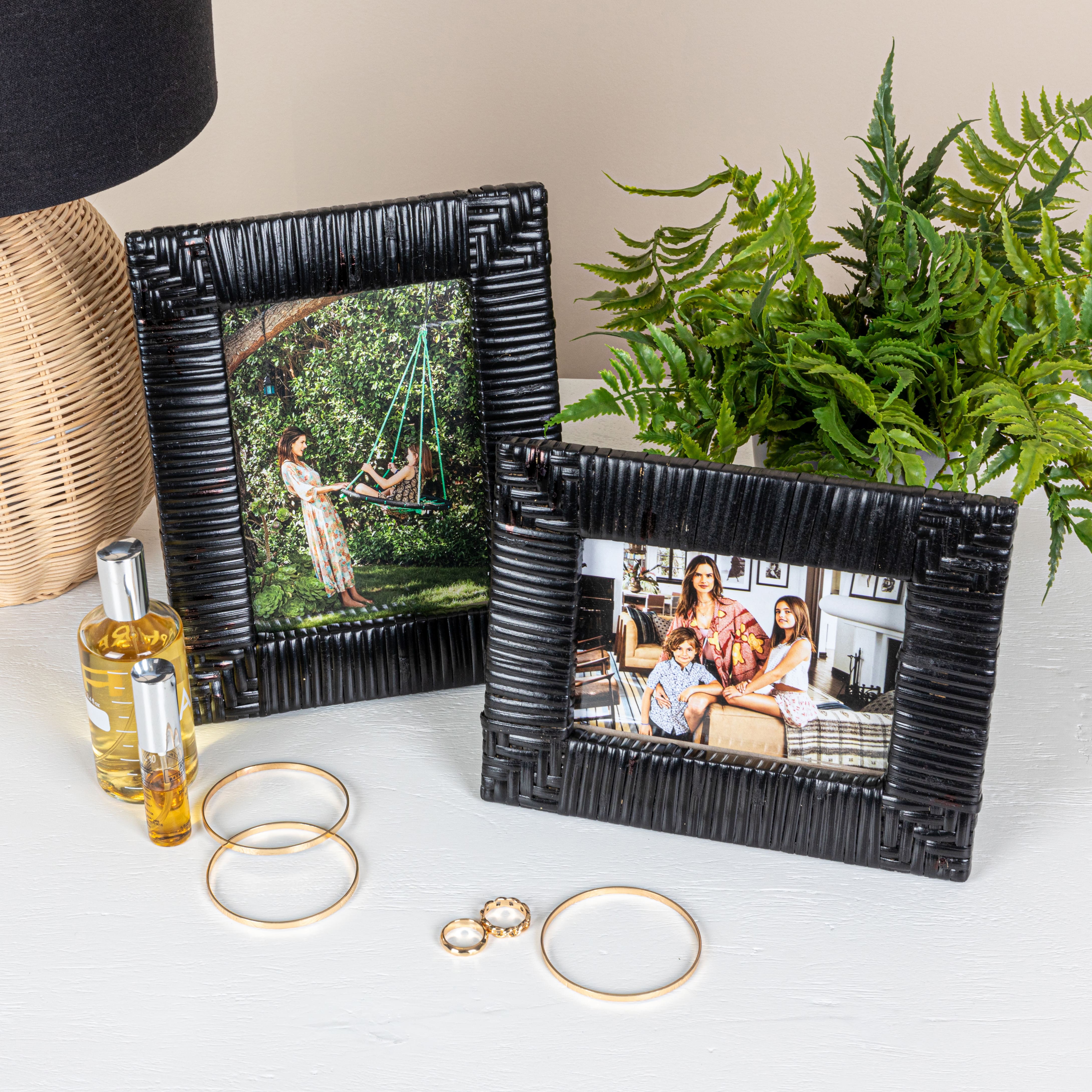 Black Handwoven Rattan Photo Frame