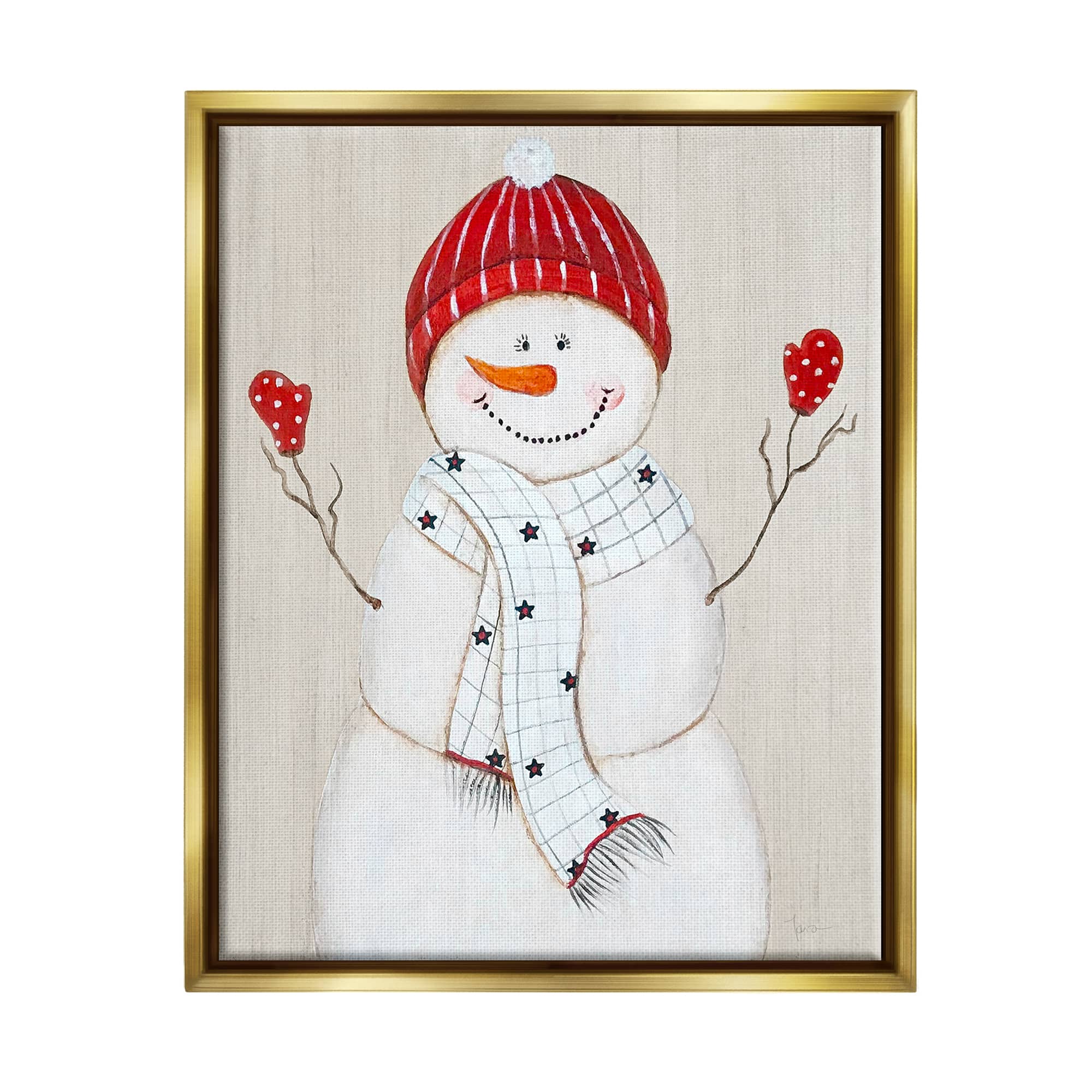 Stupell Industries Seasonal Snowman Smiling Red Hat Framed Floater Canvas Wall Art
