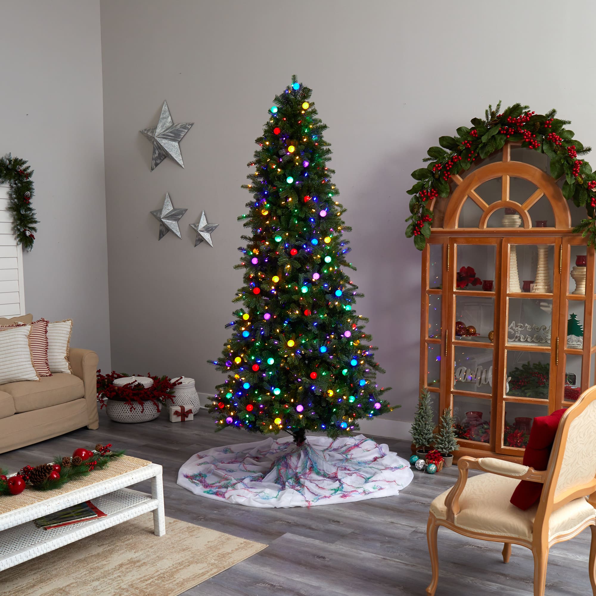 8.5ft. Pre-Lit Montana Mountain Fir Artificial Christmas Tree, Multicolor LED Lights &#x26; Globe Bulbs