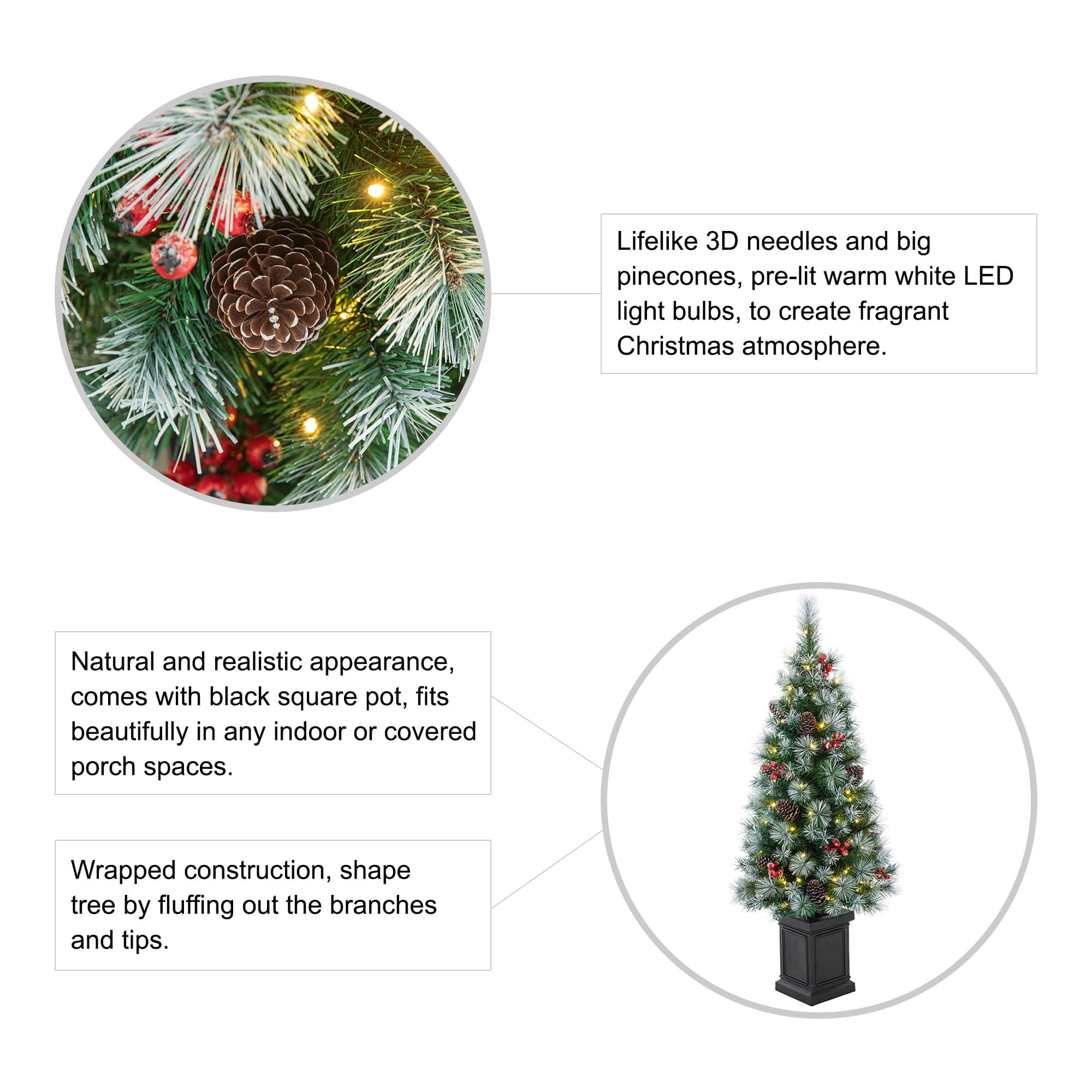 2 Pack 4ft. Pre-Lit Pine Artificial Christmas Porch Tree, Warm White LED Lights