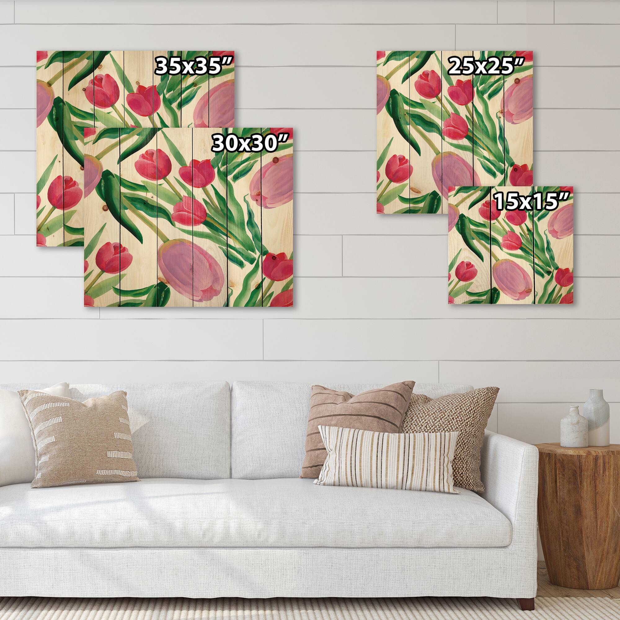 Designart - Blooming Beautiful Pink Tulips Flowers - Traditional Print on Natural Pine Wood
