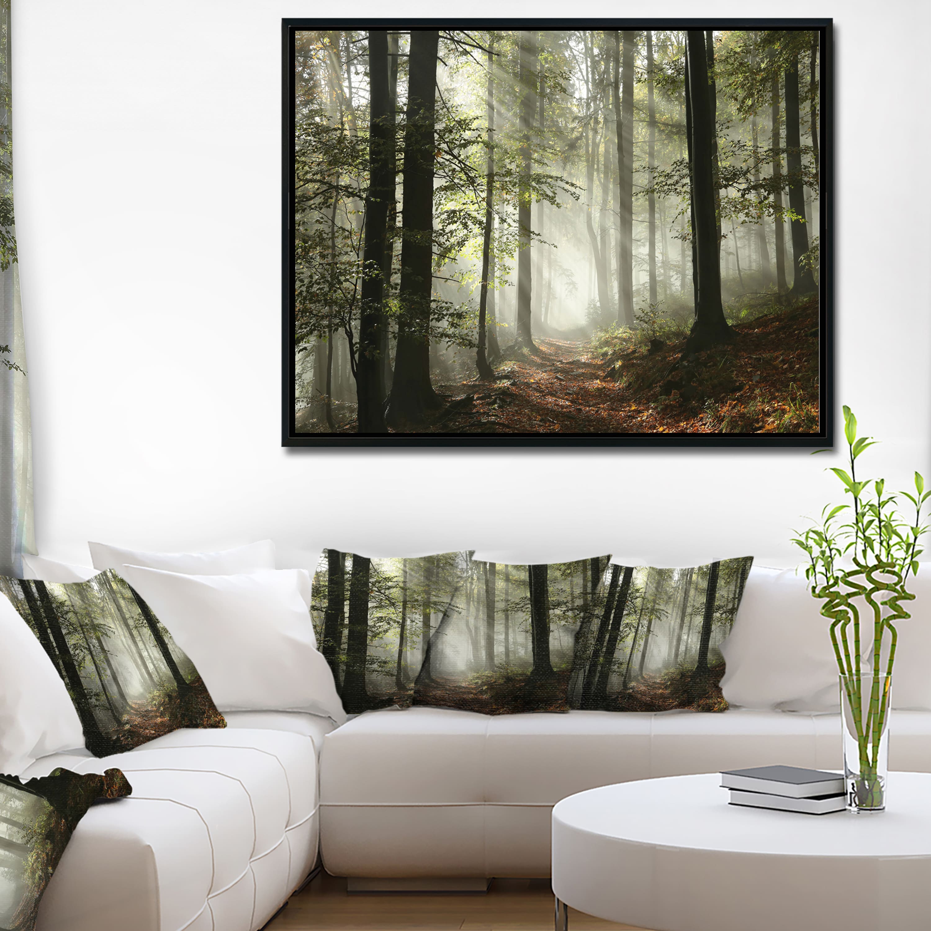 Designart - Light in Dense Fall Forest with Fog - Landscape Art Print Framed Canvas