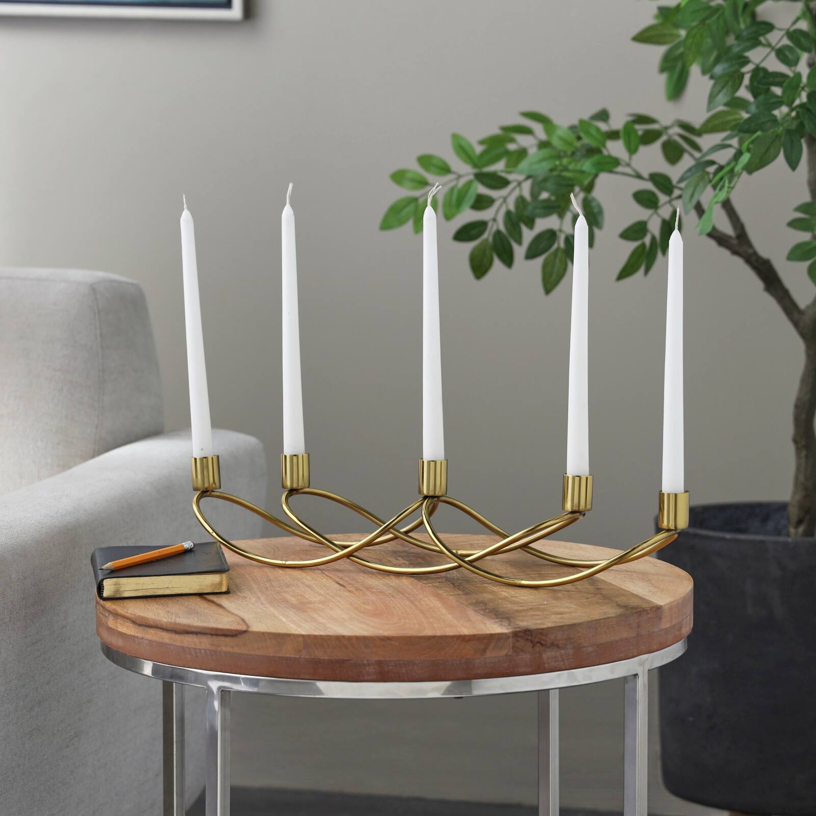 The Novogratz 18&#x22; Gold Stainless Steel 5 Taper Candle Candelabra
