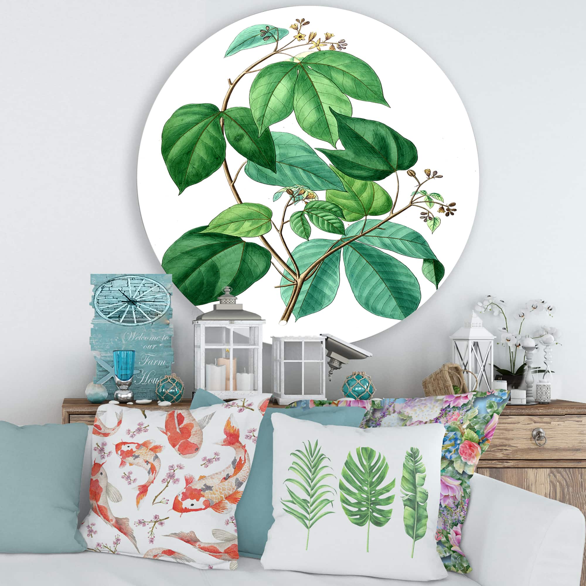 Designart Vintage Green Leaves Plants III Traditional Metal Circle