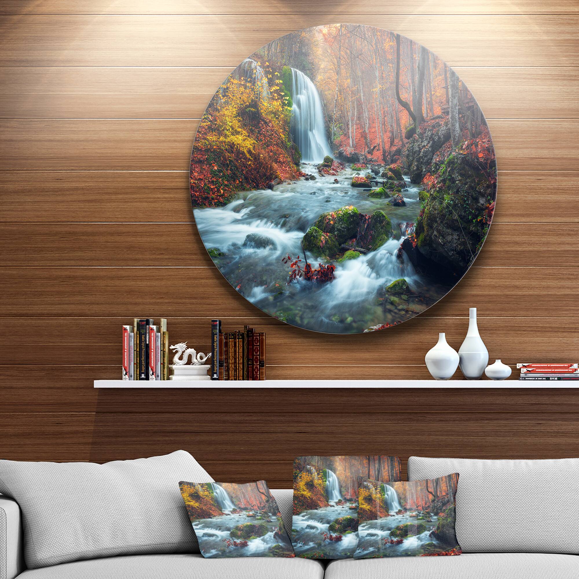Designart - Autumn Mountain Waterfall Long View&#x27; Landscape Photography Circle Metal Wall Art