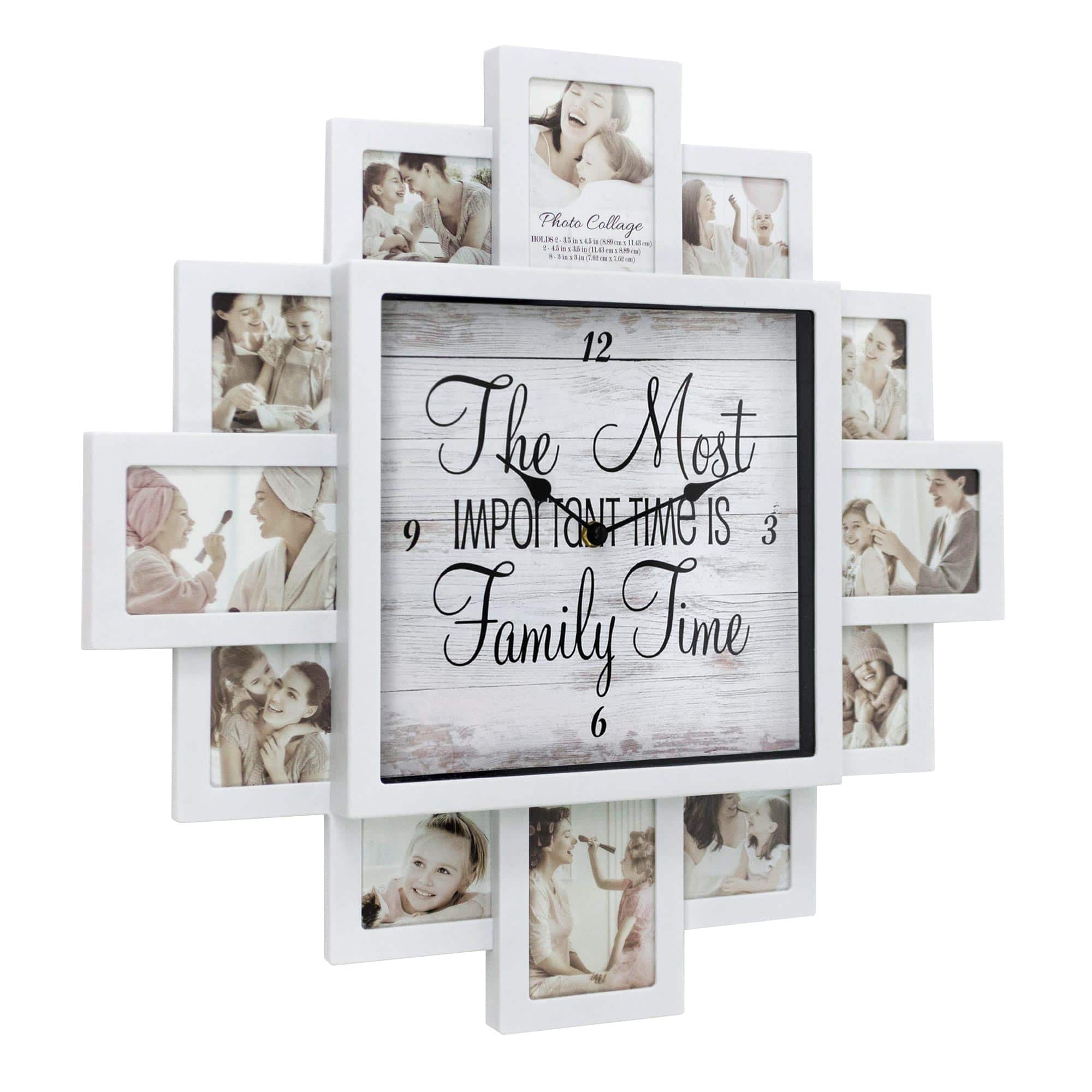 White Farmhouse Shabby-Chic &#x22;Family Time&#x22; Picture Frame Wall Collage Clock