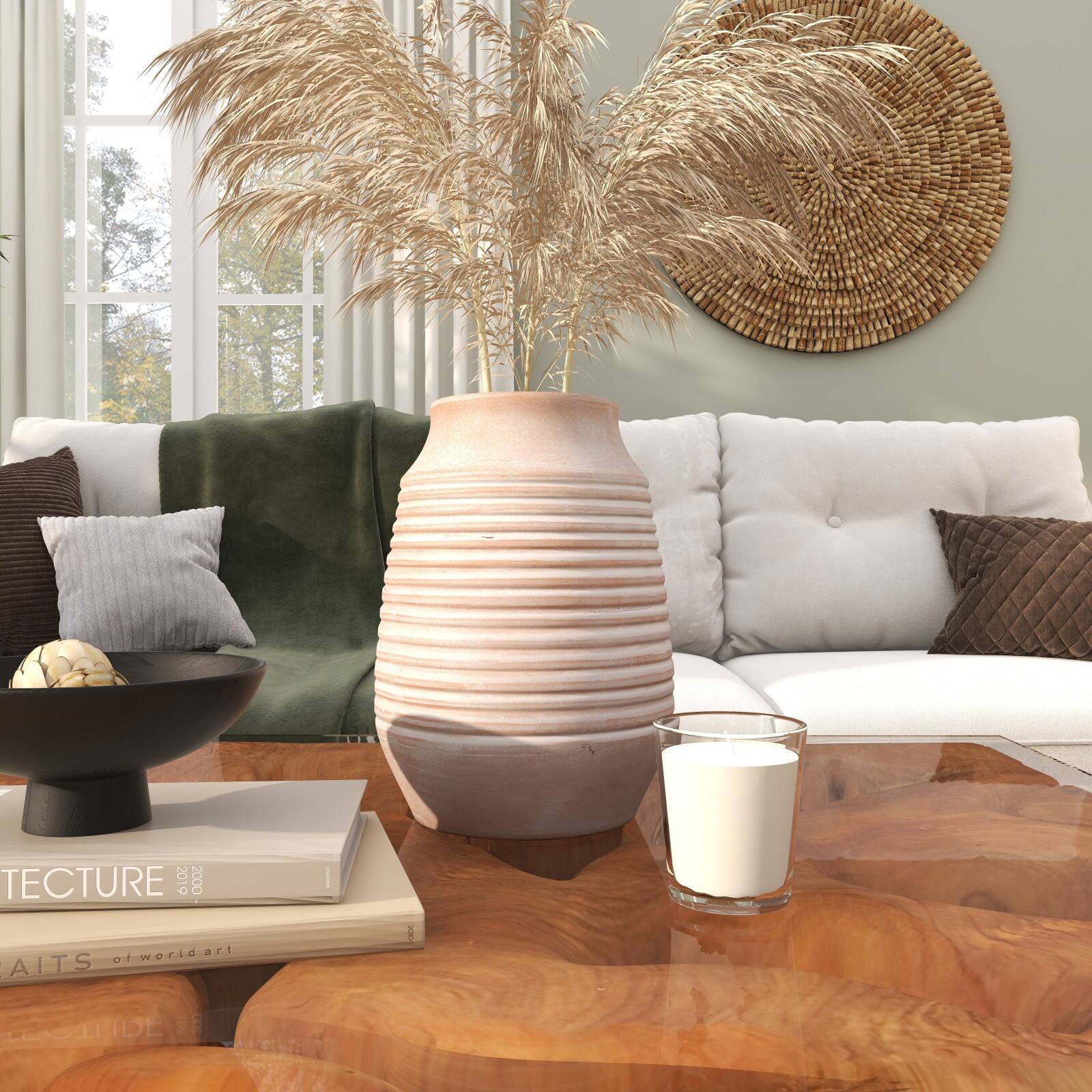 11" Pink Ceramic Whitewashed Ribbed Vase