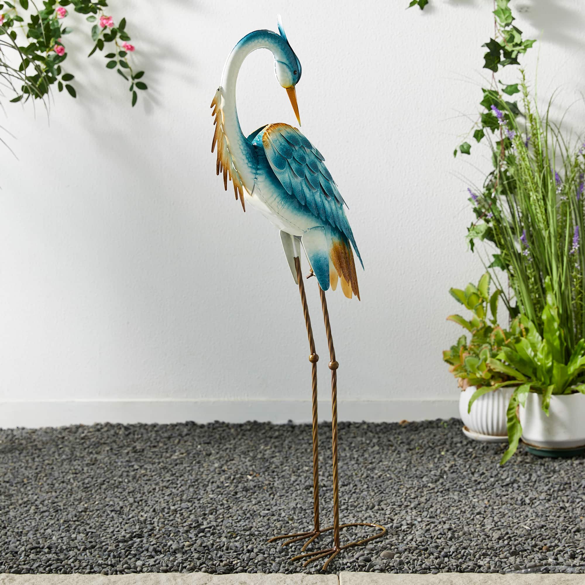 Glitzhome&#xAE; Metal Standing Crane Garden Statue with Stakes Set