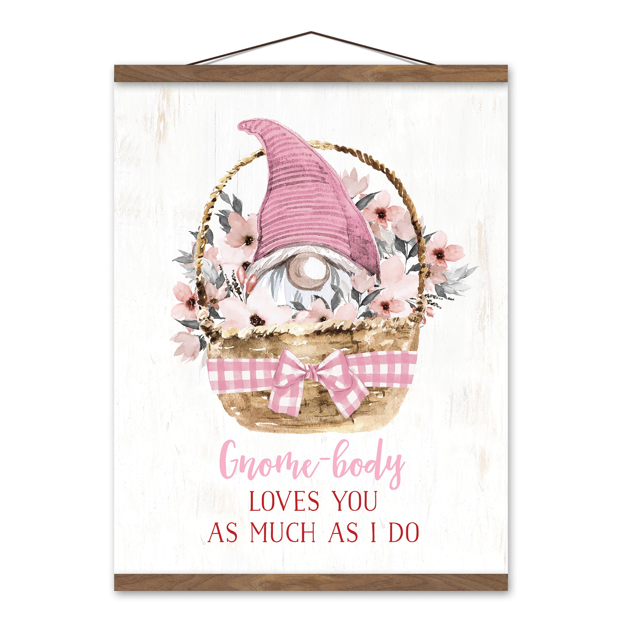 Gnome Valentine Basket Teak Hanging Canvas Wall Art