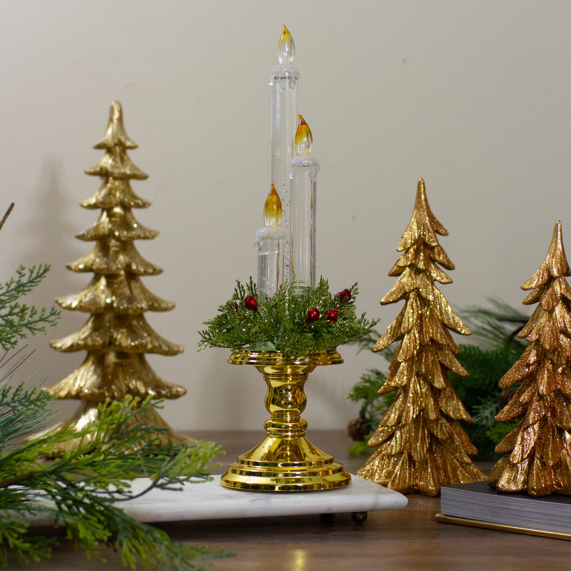 14.5&#x22; Lighted Water Candle on Gold Base with Berries