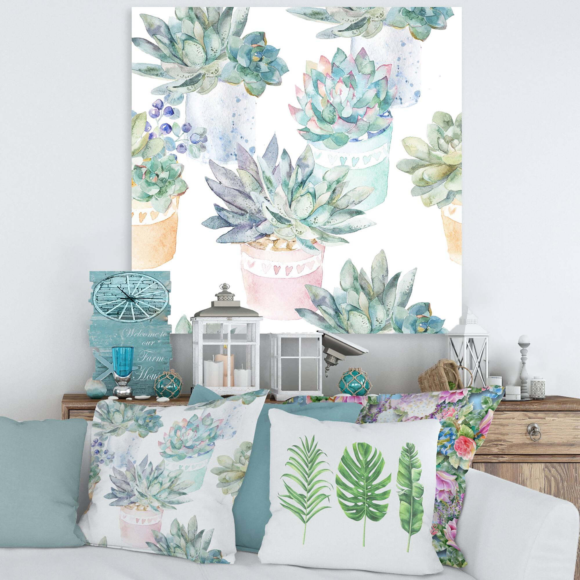Designart - Pastel Toned Succulent Housplants - Traditional Canvas Wall Art Print