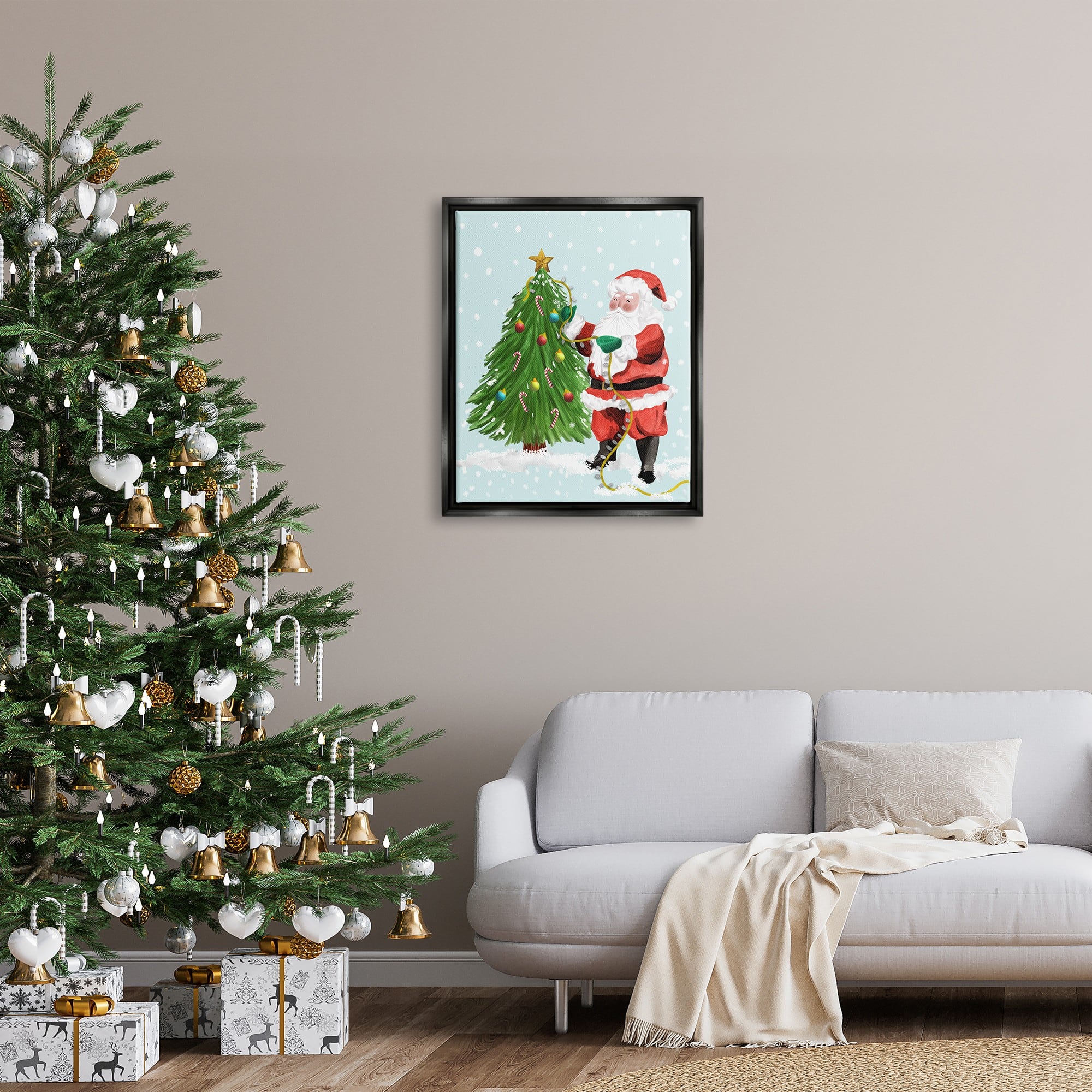 Stupell Industries Snowy Santa Claus Tree Scenery Framed Floater Canvas Wall Art