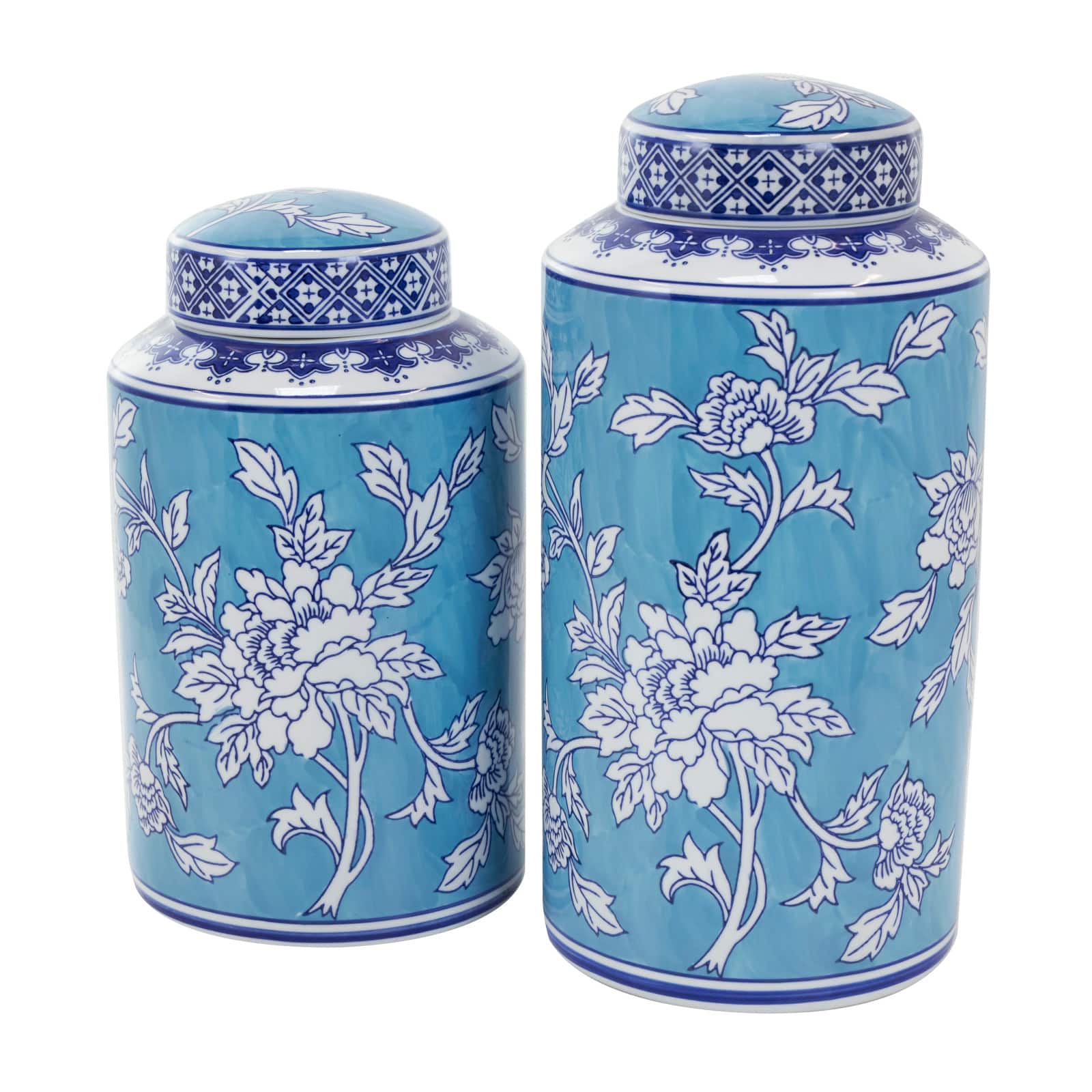 Blue Ceramic Decorative Jar Set with White Floral Patterns