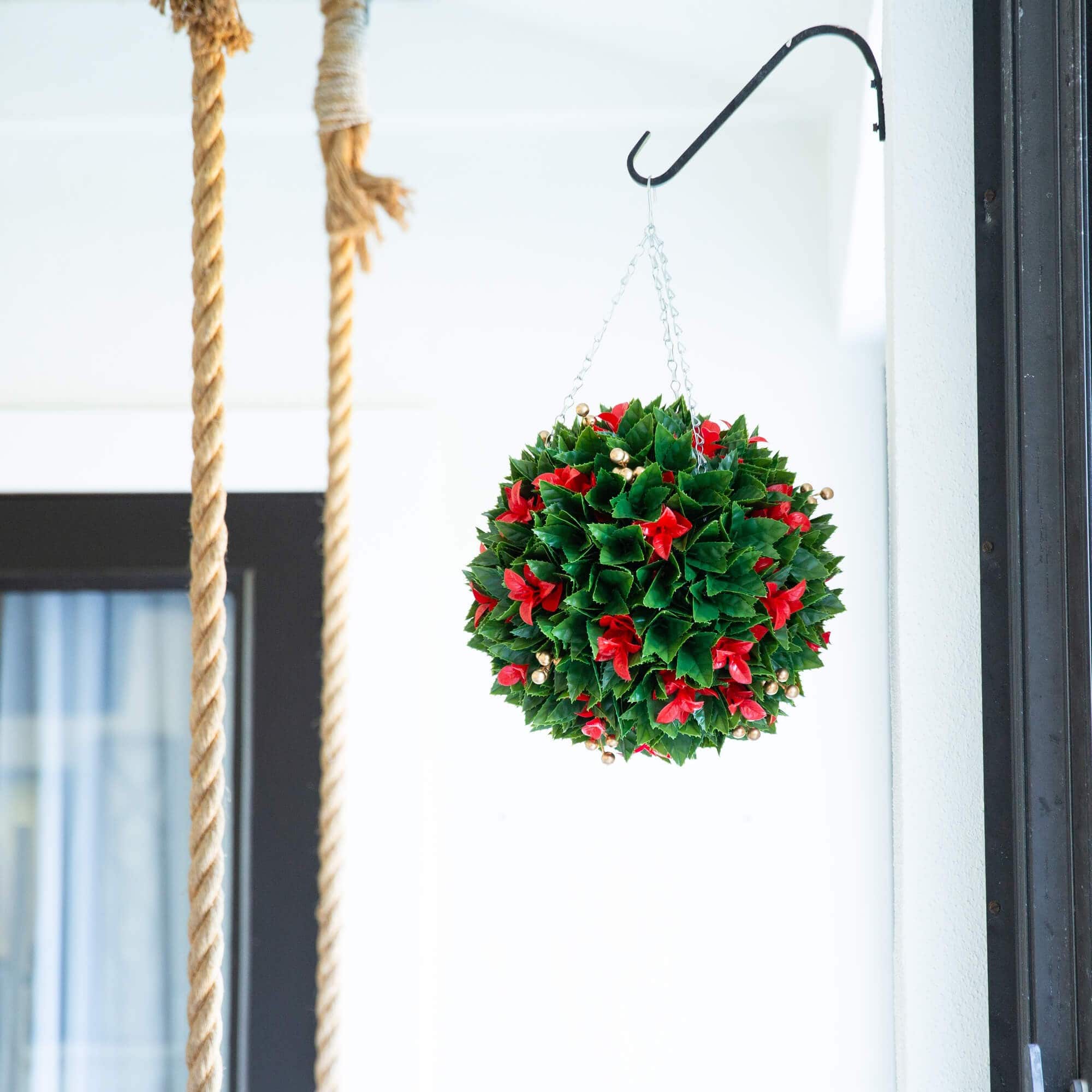 15in. UV Resistant Artificial Red Tip Photinia Christmas Hanging Ball with Gold Berries (Indoor/Outdoor)