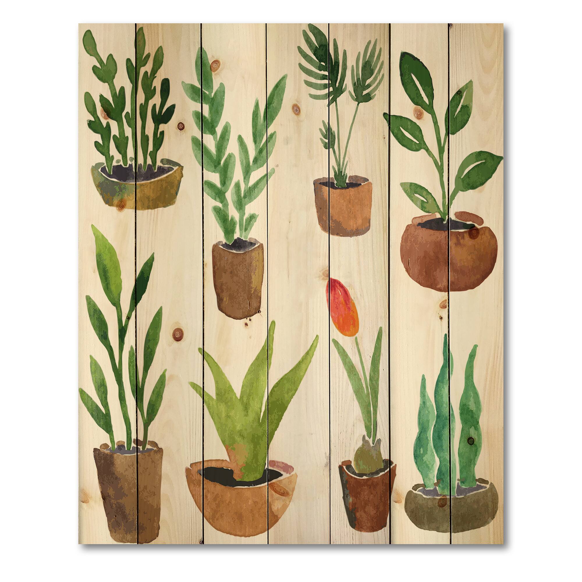 Designart - Eight Potted House Plants - Traditional Print on Natural Pine Wood