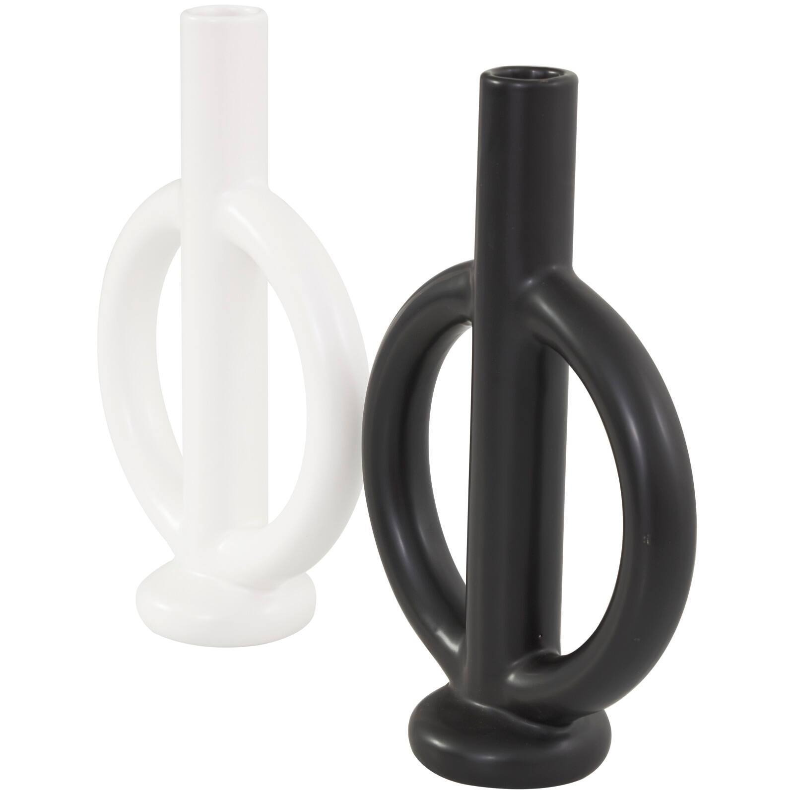 CosmoLiving by Cosmopolitan 10" Black & White Ceramic Geometric Ring Taper Candle Holder Set