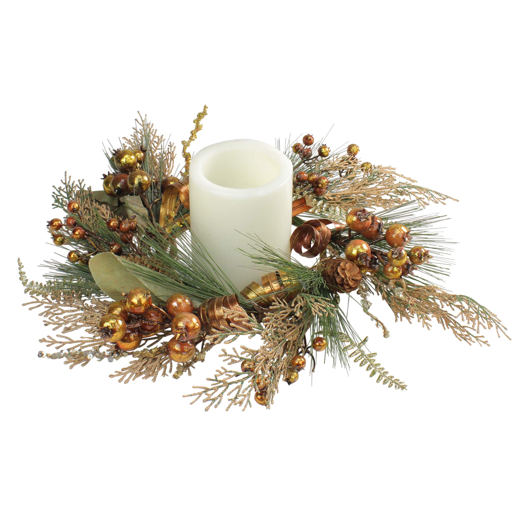 16" Golden Brown Ribbon Berry & Pine Cone Pillar Candle Ring