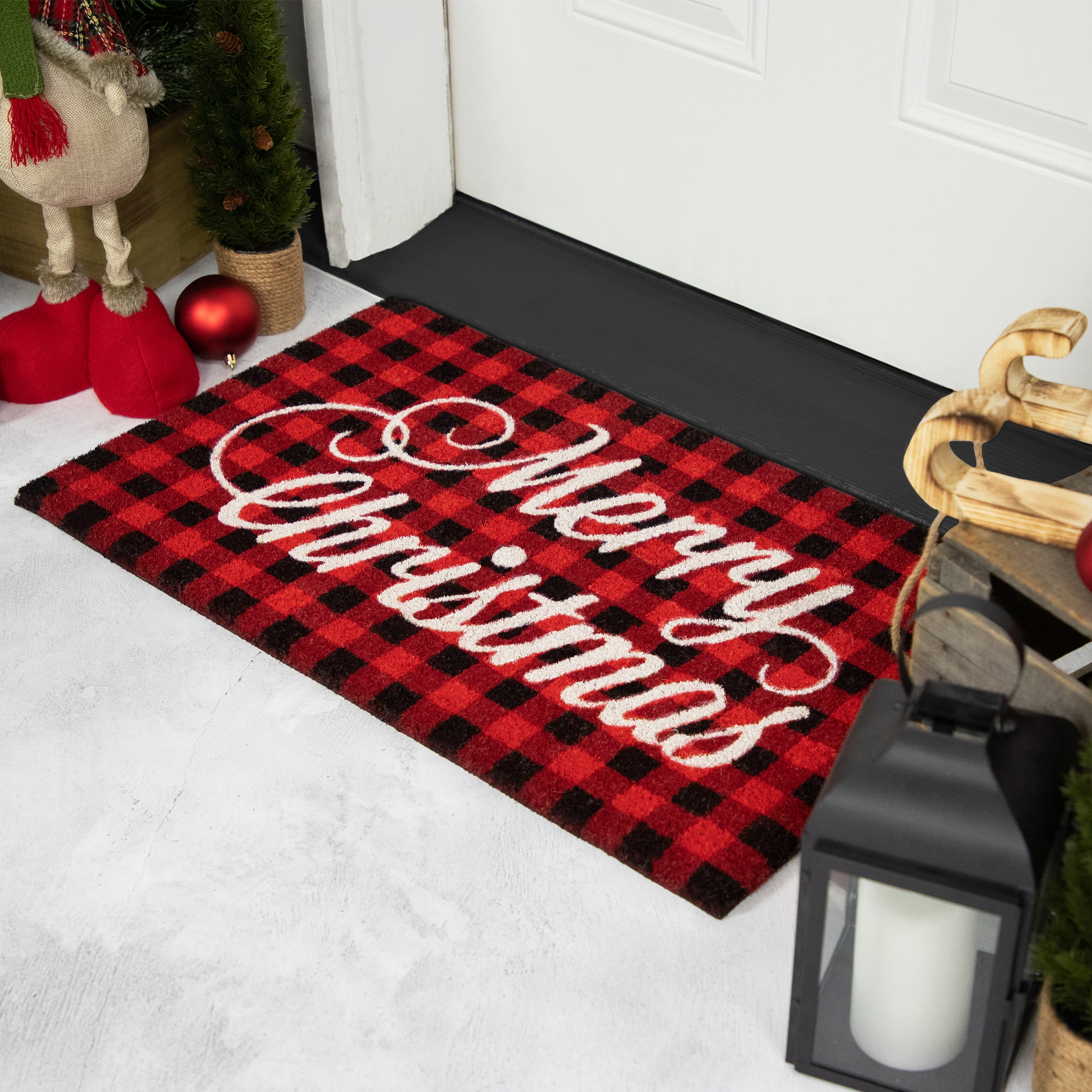 Red and Black Plaid &#x22;Merry Christmas&#x22; Natural Coir Christmas Outdoor Doormat 18&#x22; x 30&#x22;