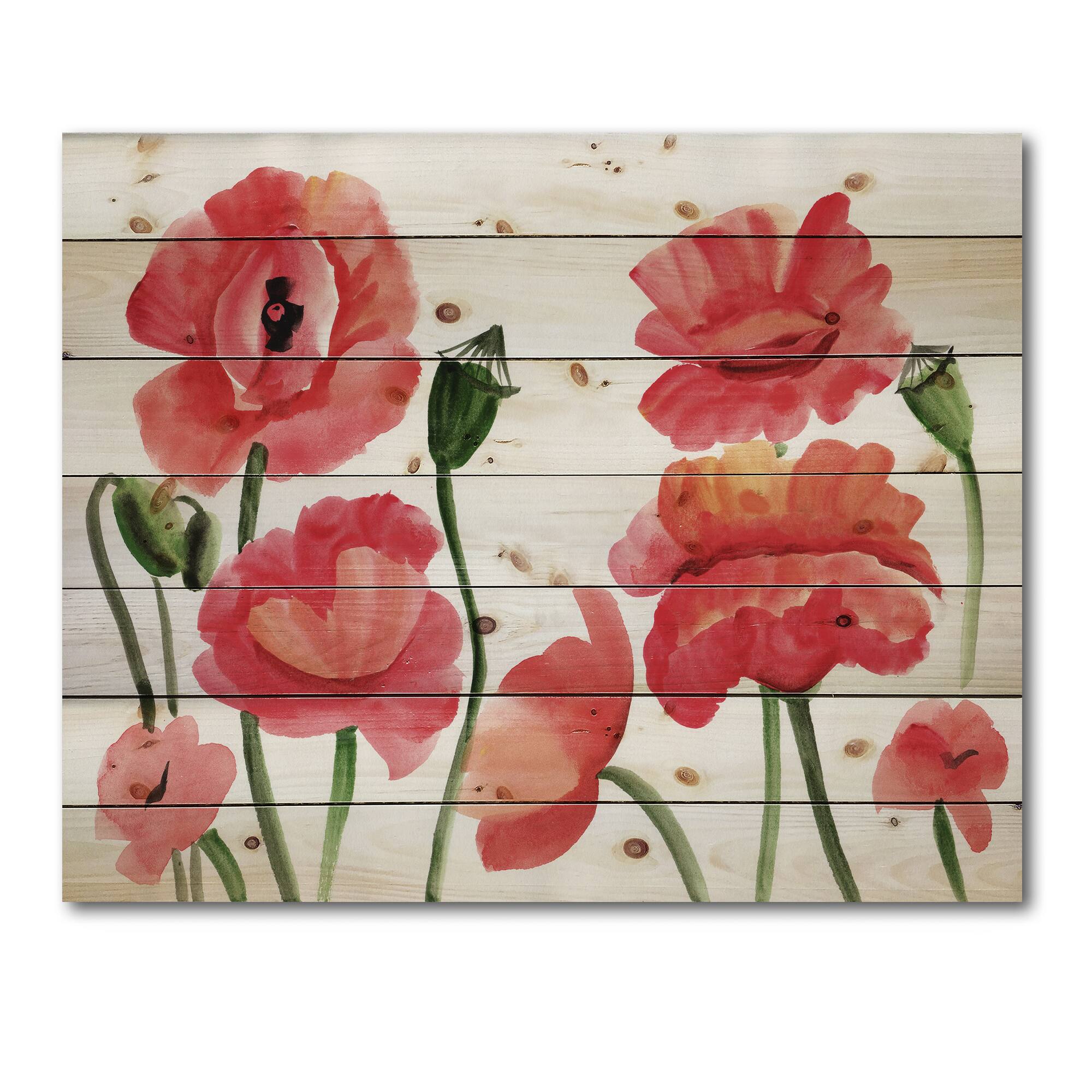 Designart - Vintage Red Poppies I - Traditional Print on Natural Pine Wood