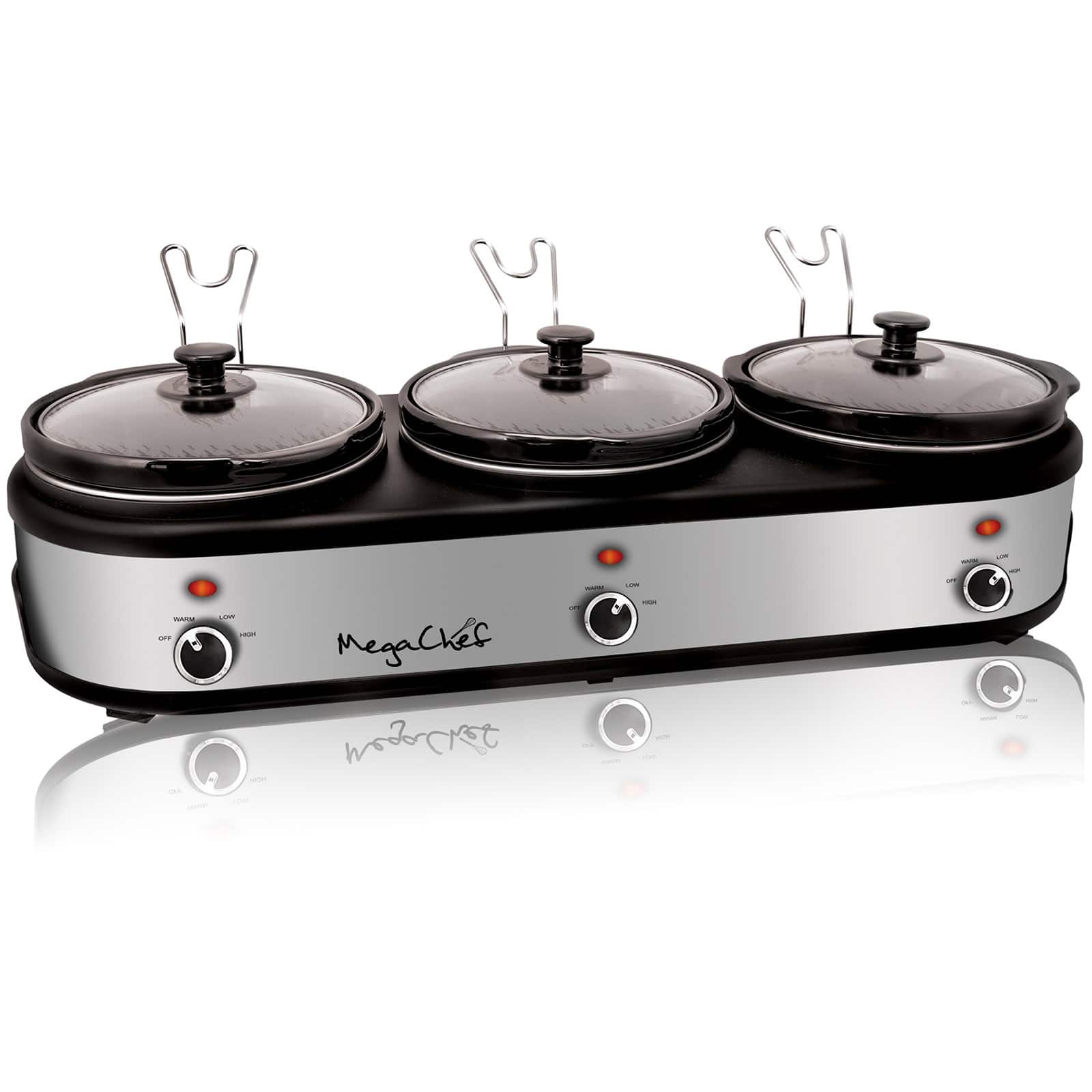 MegaChef Brushed Silver & Black Finish Triple 2.5qt. Slow Cooker & Buffet Server With 3 Ceramic Cooking Pots & Removable Lid Rests