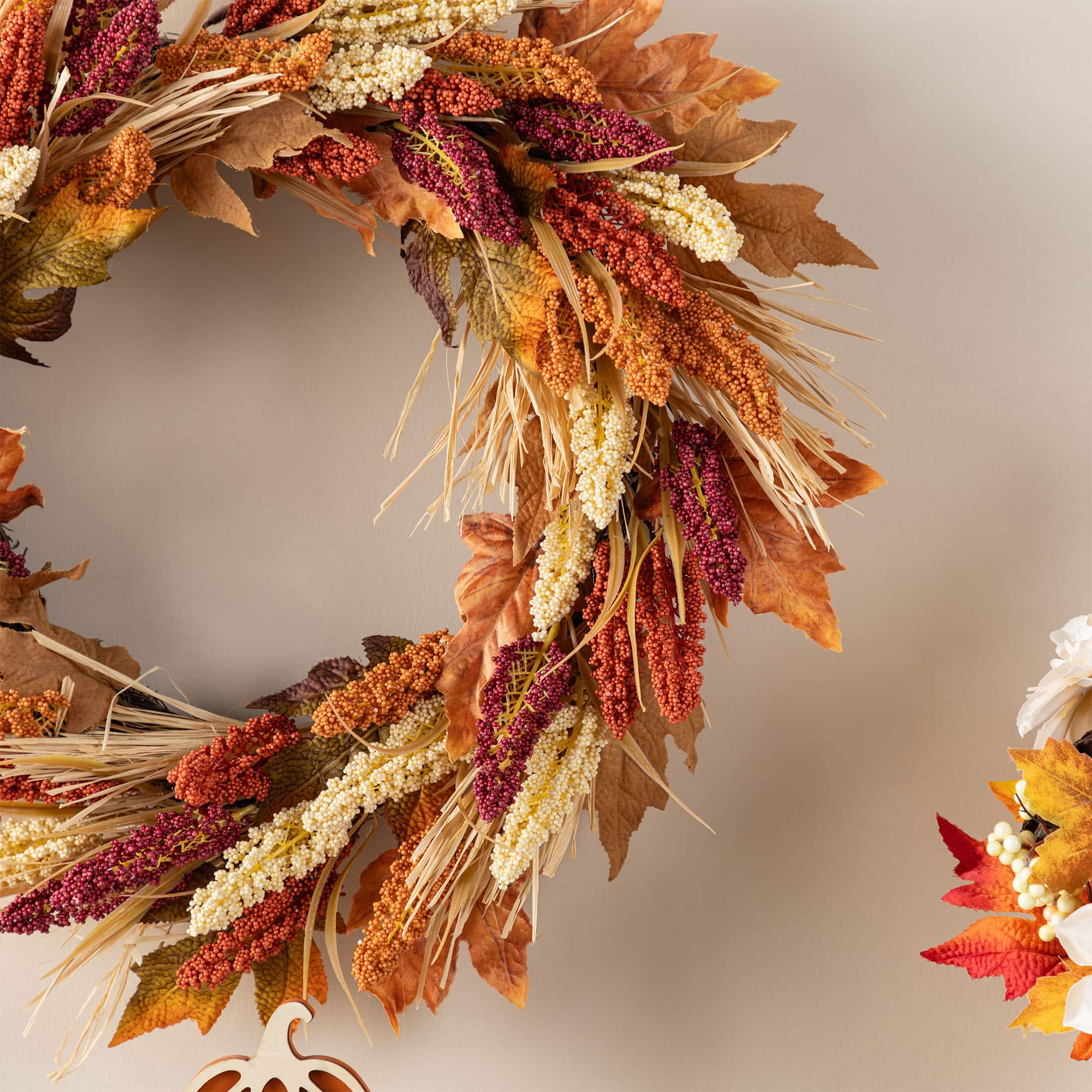 Glitzhome&#xAE; 24&#x22; Fall Sorghum Wreath Includes a Black Metal Wreath Hanger