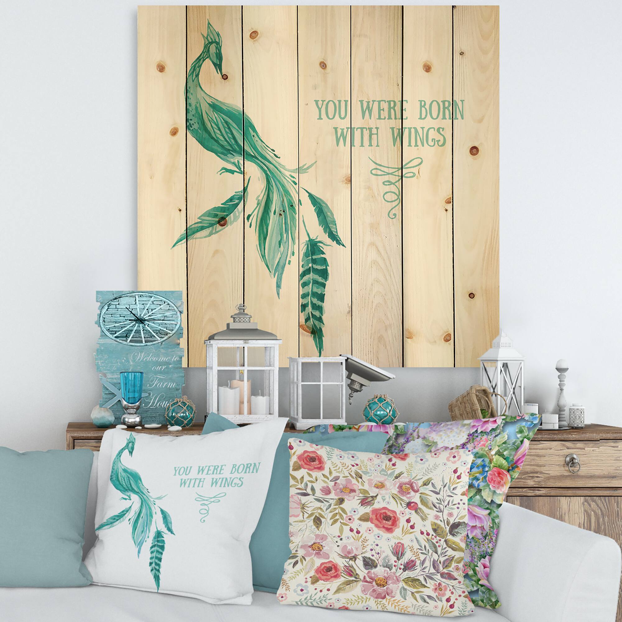 Designart - Mystic Mint Bird You Were Born With Wings - Traditional Print on Natural Pine Wood