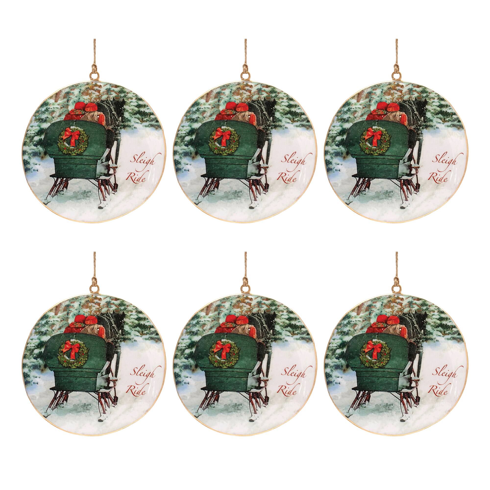 6 Pack 6" Couple Sleigh Ride Metal Disc Ornaments
