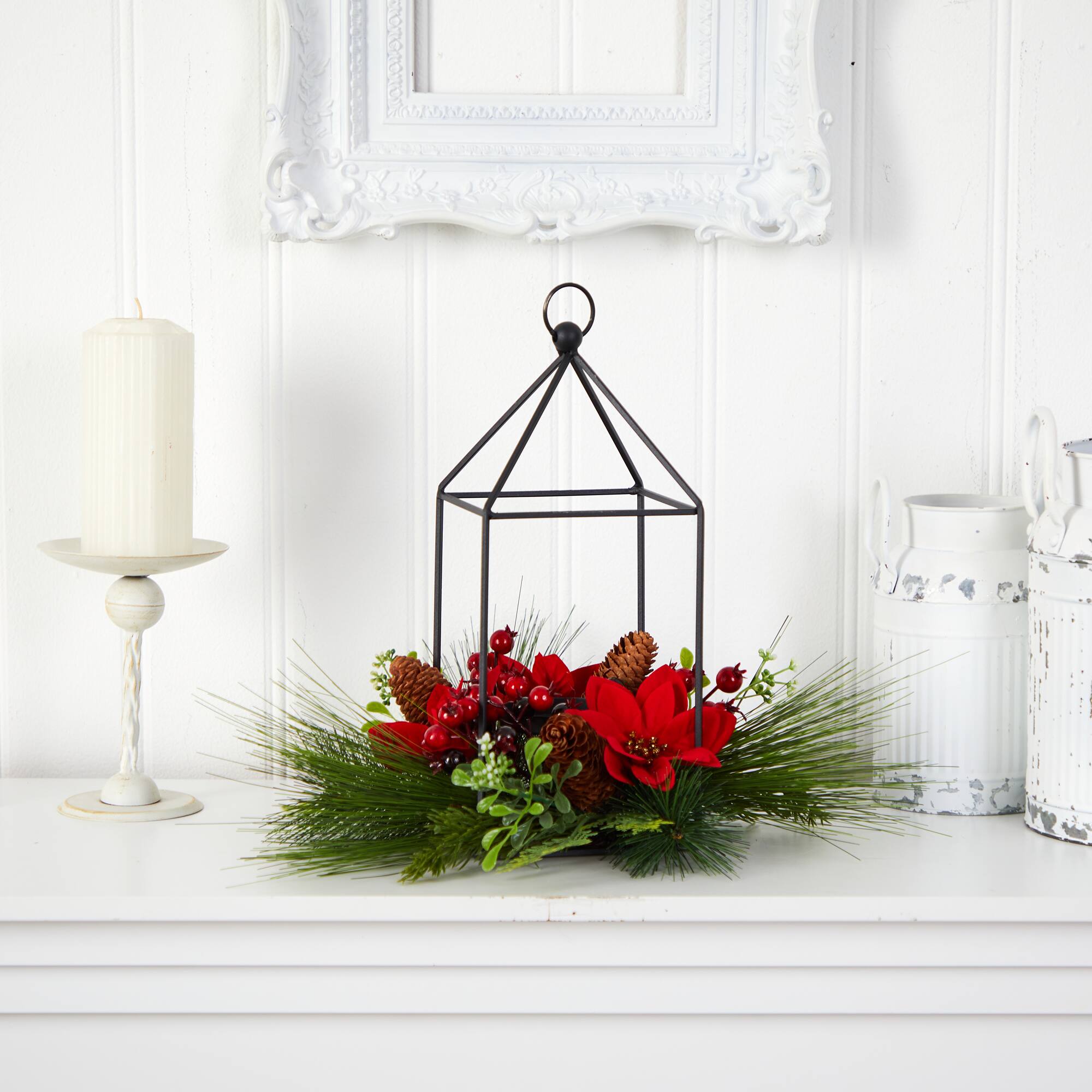 14" Christmas Poinsettia, Berry & Pinecone Metal Candle Holder Artificial Table Arrangement