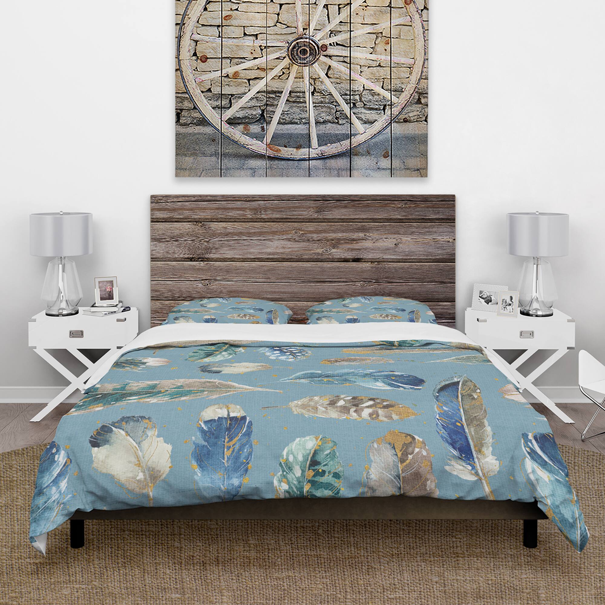 Designart &#x27;Indigold Feathers Turquoise Pattern&#x27; Cottage Bedding Set - Duvet Cover &#x26; Shams
