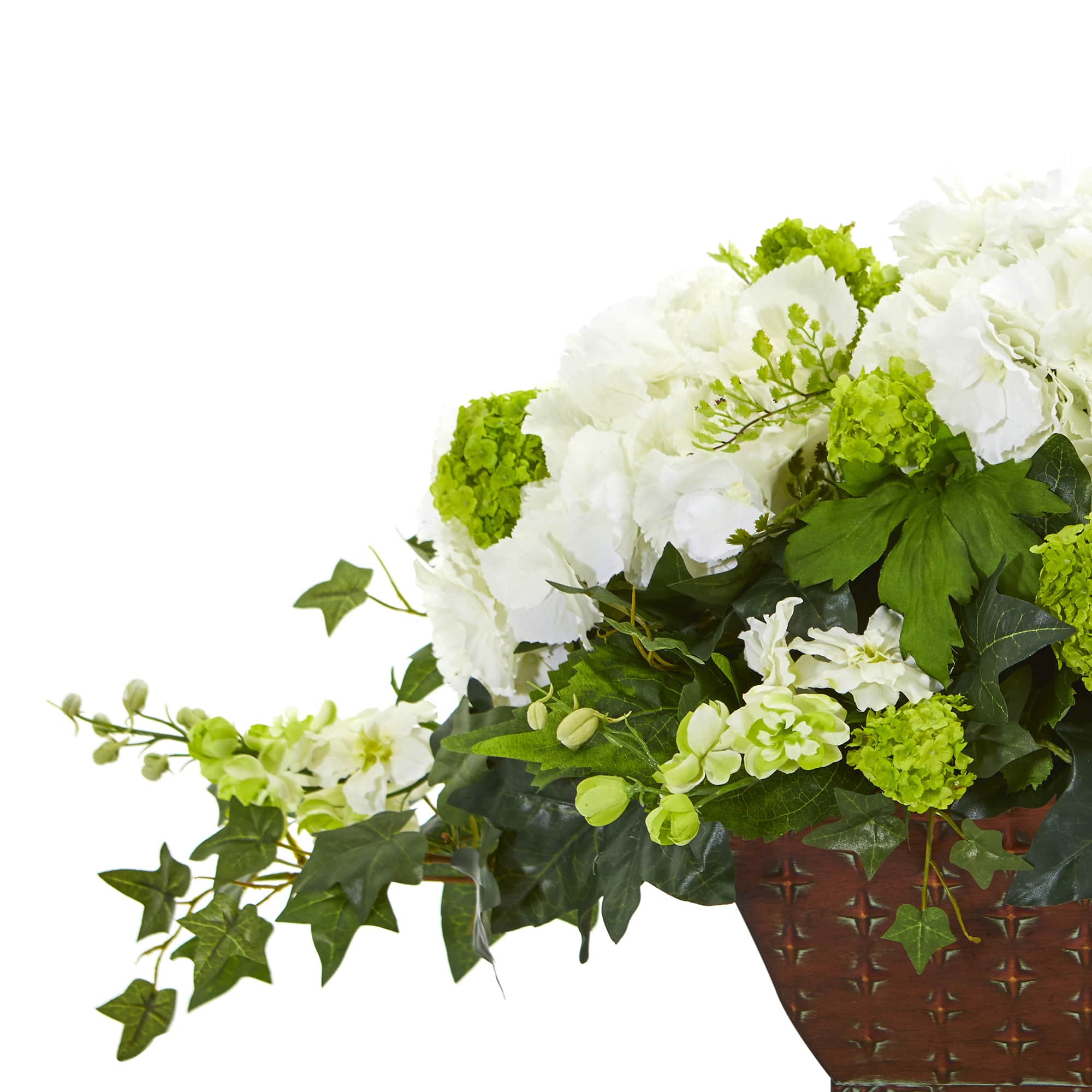 15.5&#x22; White Hydrangea &#x26; Ivy Arrangement in Metal Planter