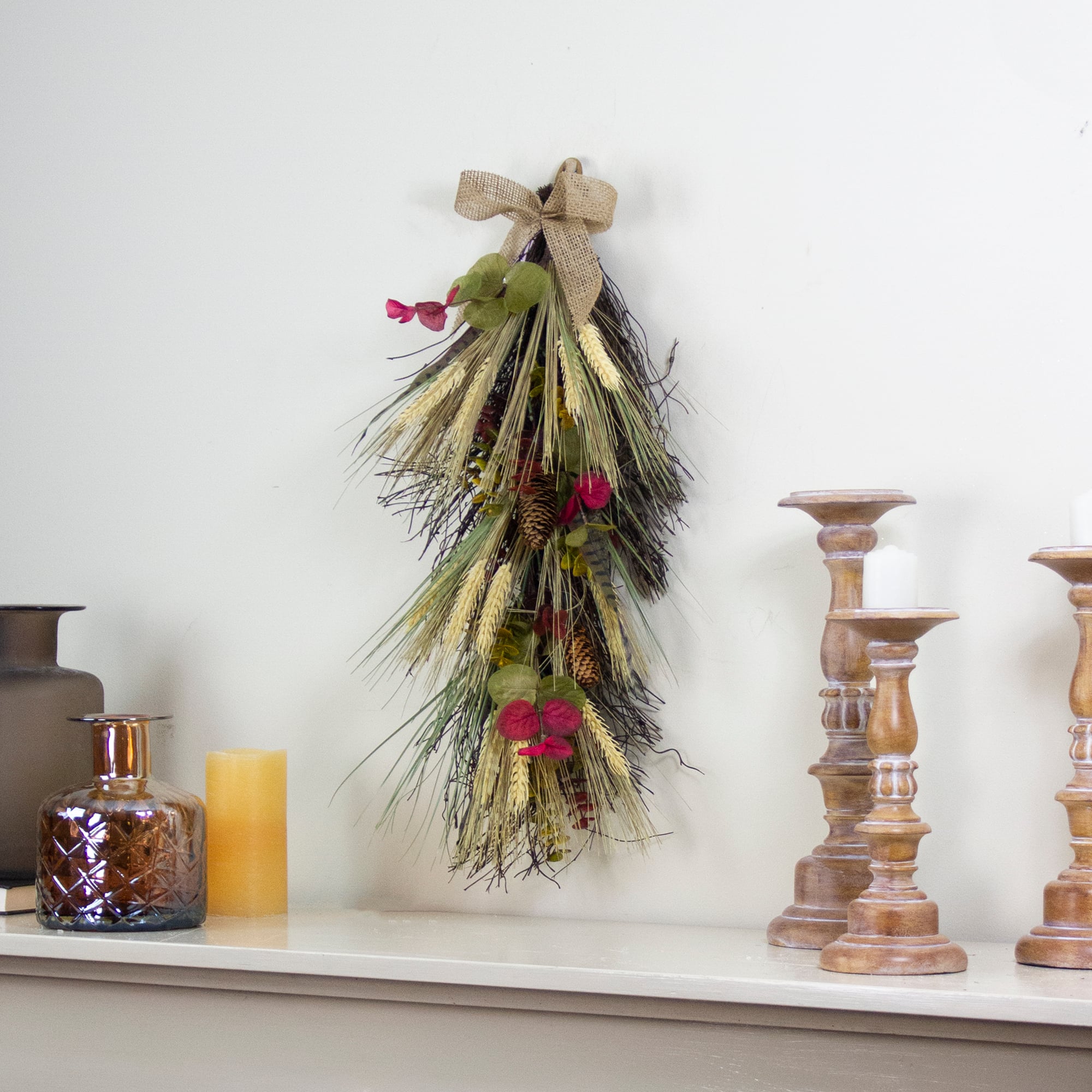 2ft. Autumn Harvest Wheat & Eucalyptus with Feathers Teardrop Swag