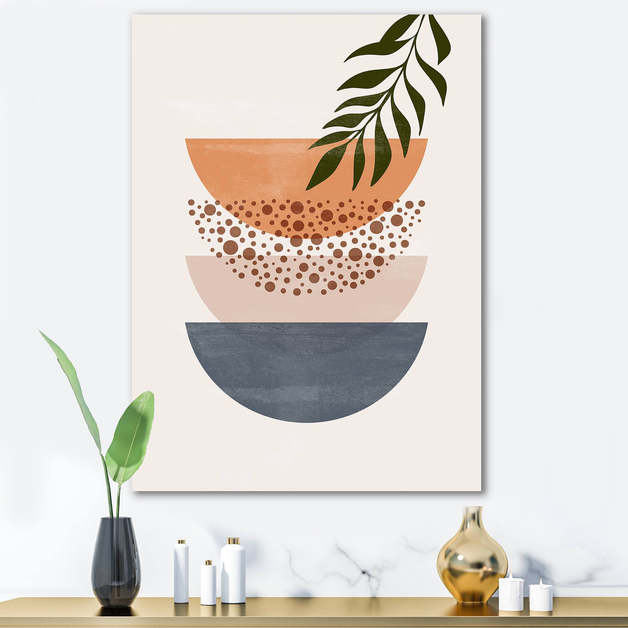 Designart - Abstract Geometrical Sun and Moon With Leaf III - Modern Canvas Wall Art Print