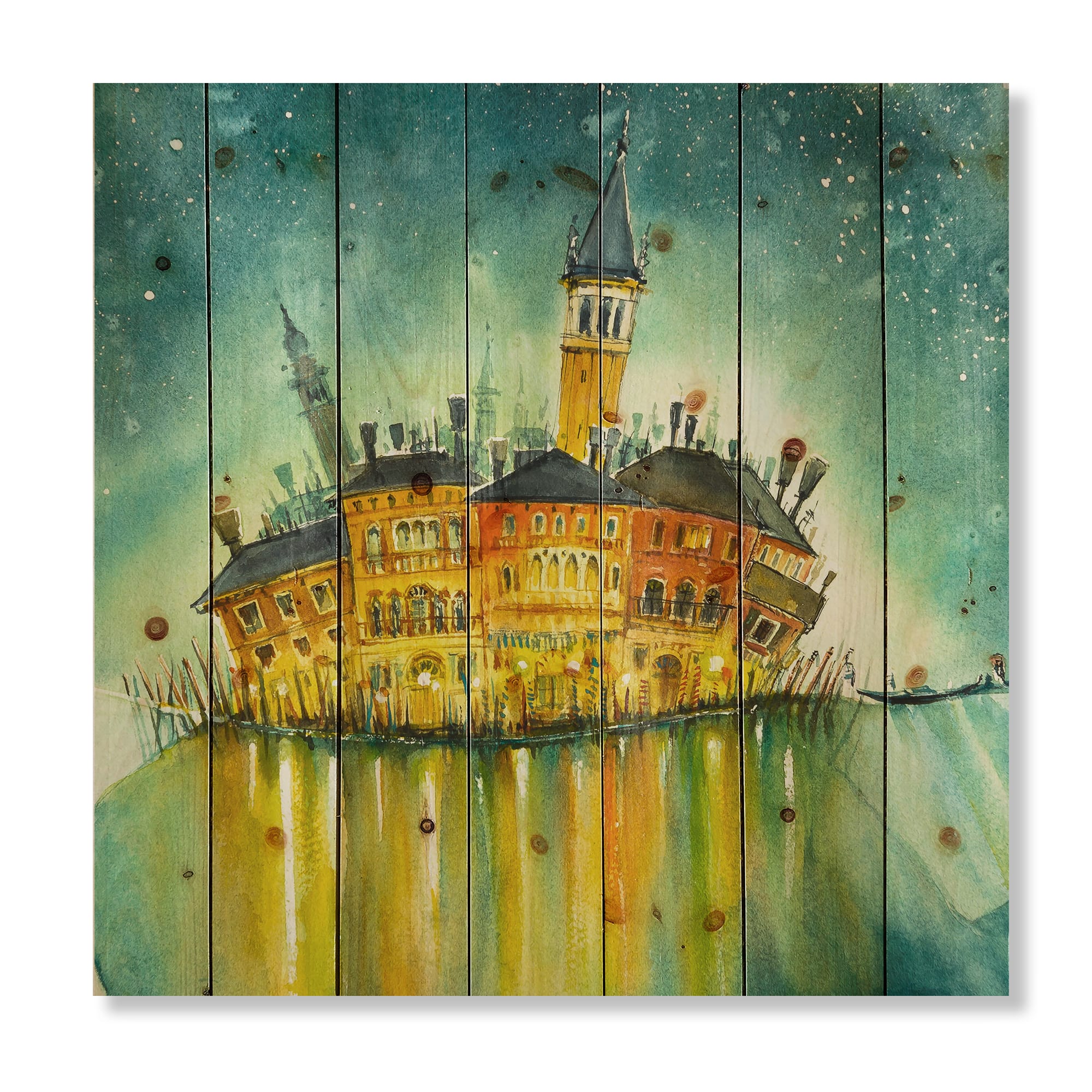 Designart - Idyllic Island of Venice At Night - Modern Print on Natural Pine Wood