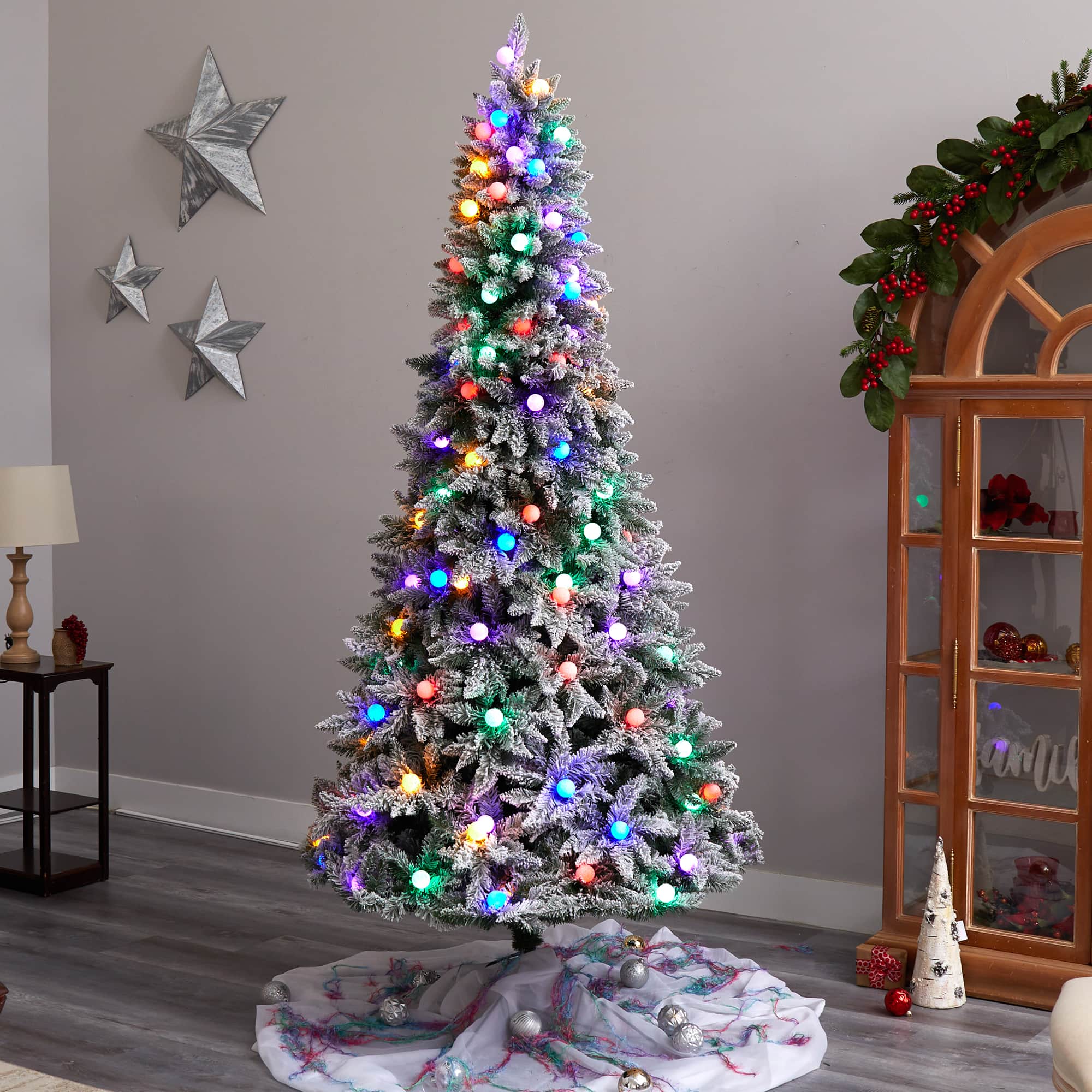8.5ft. Pre-Lit Flocked British Columbia Mountain Fir Artificial Christmas Tree, Multicolor Globe Bulbs