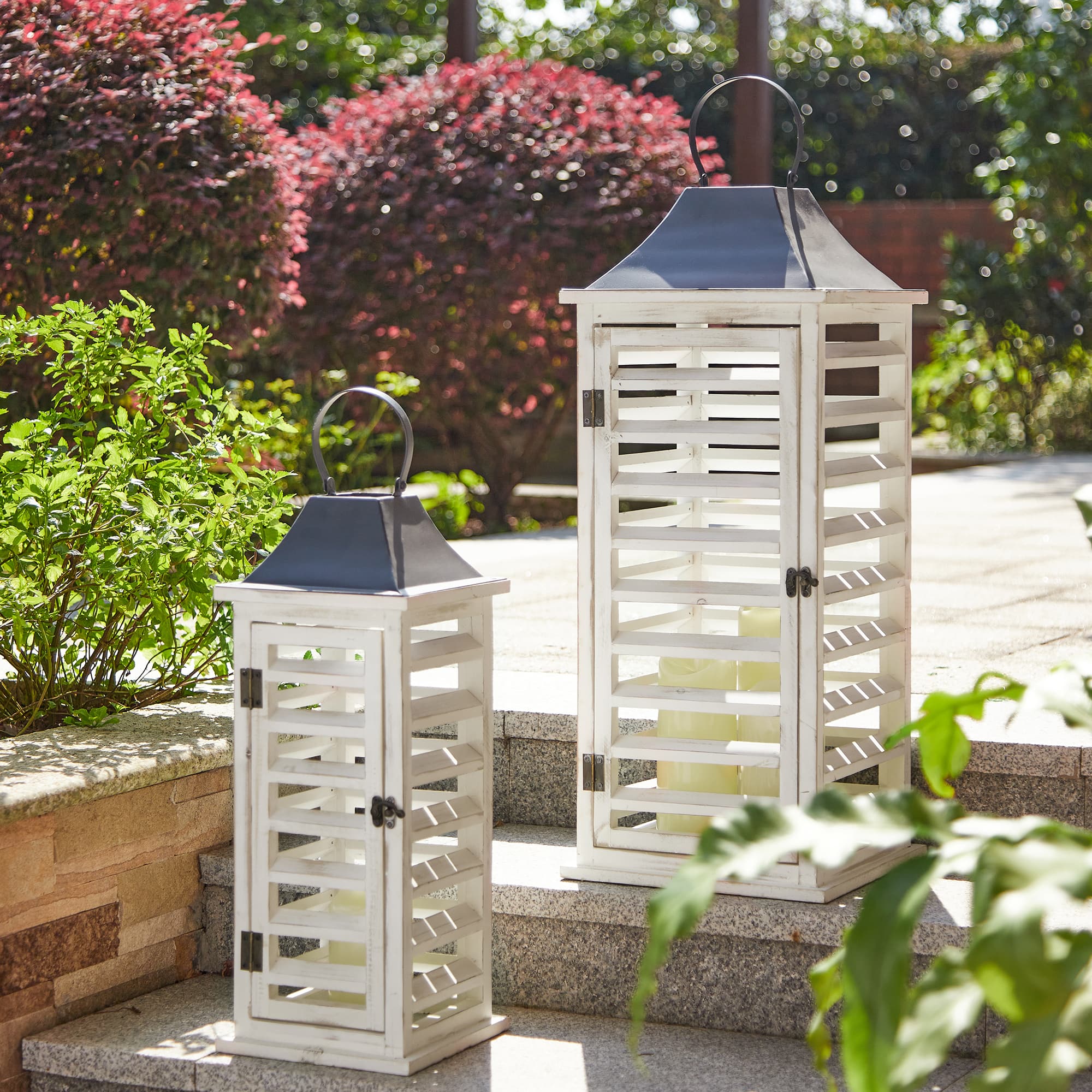 Modern Farmhouse White Wooden Shutter Lantern Set, 25.5&#x22; &#x26; 19&#x22;