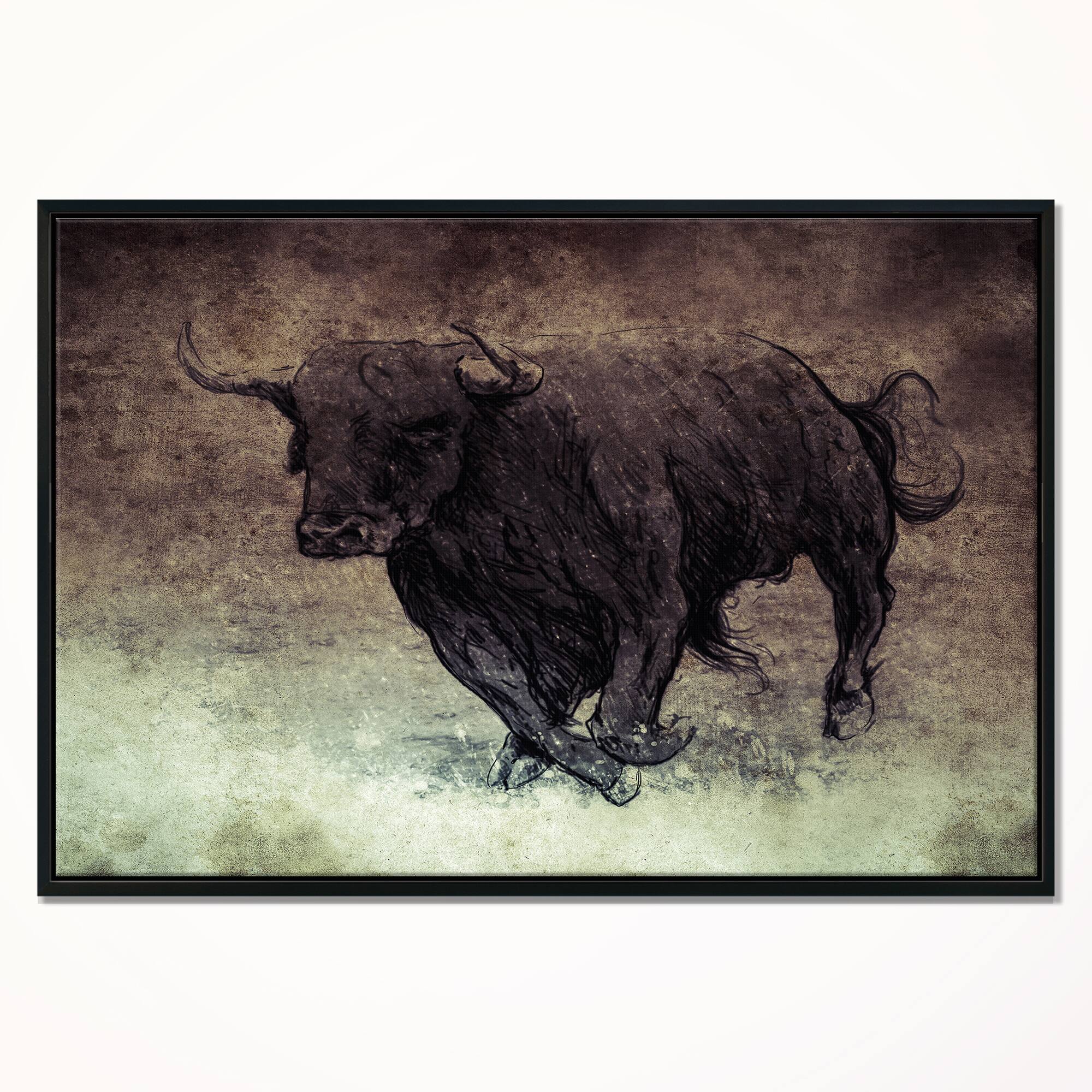 Designart - Bull Running on Vintage Paper - Animal Canvas Art Print in Black Frame