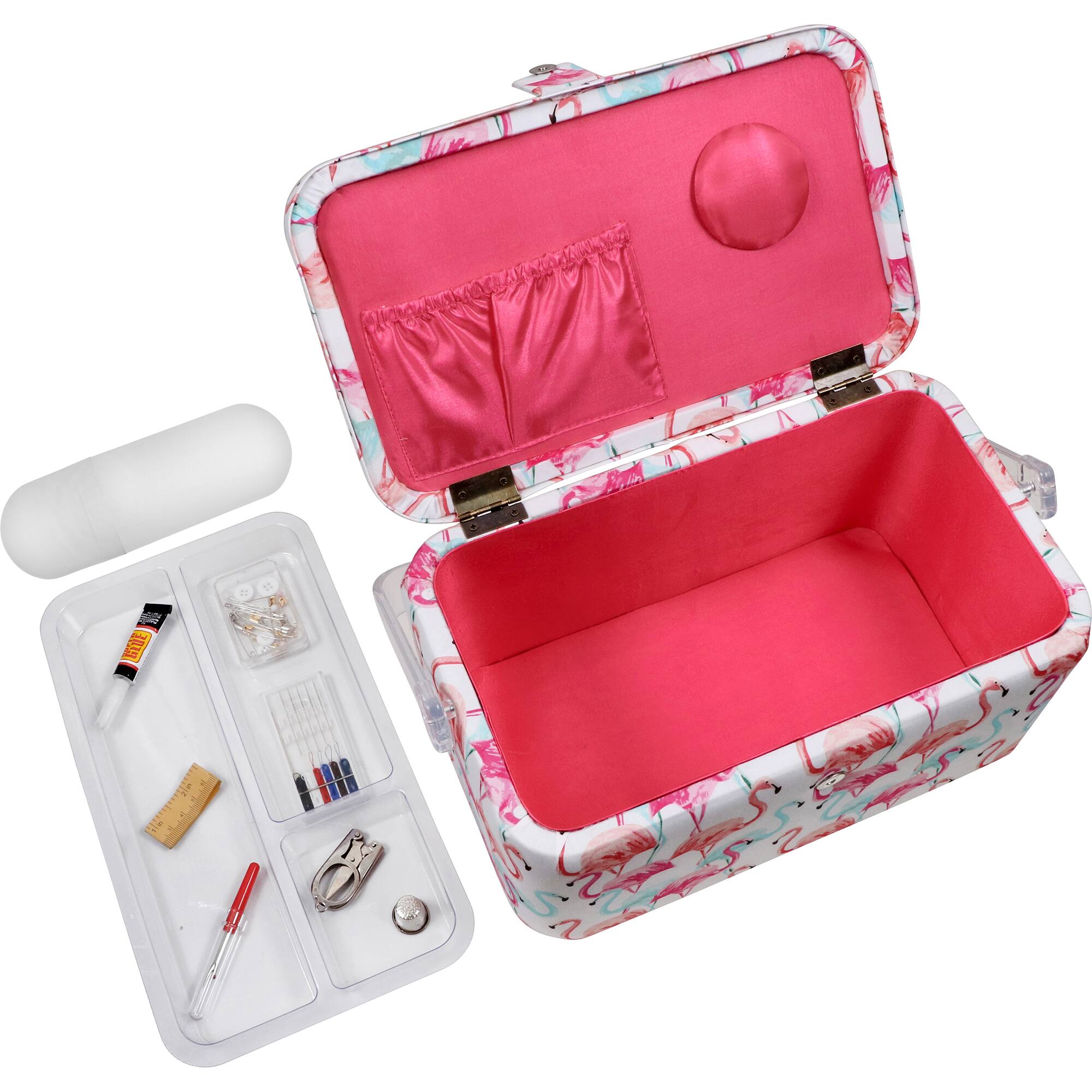 SINGER® Large Flamingo Print Sewing Basket with Matching Pouch Sew Kit