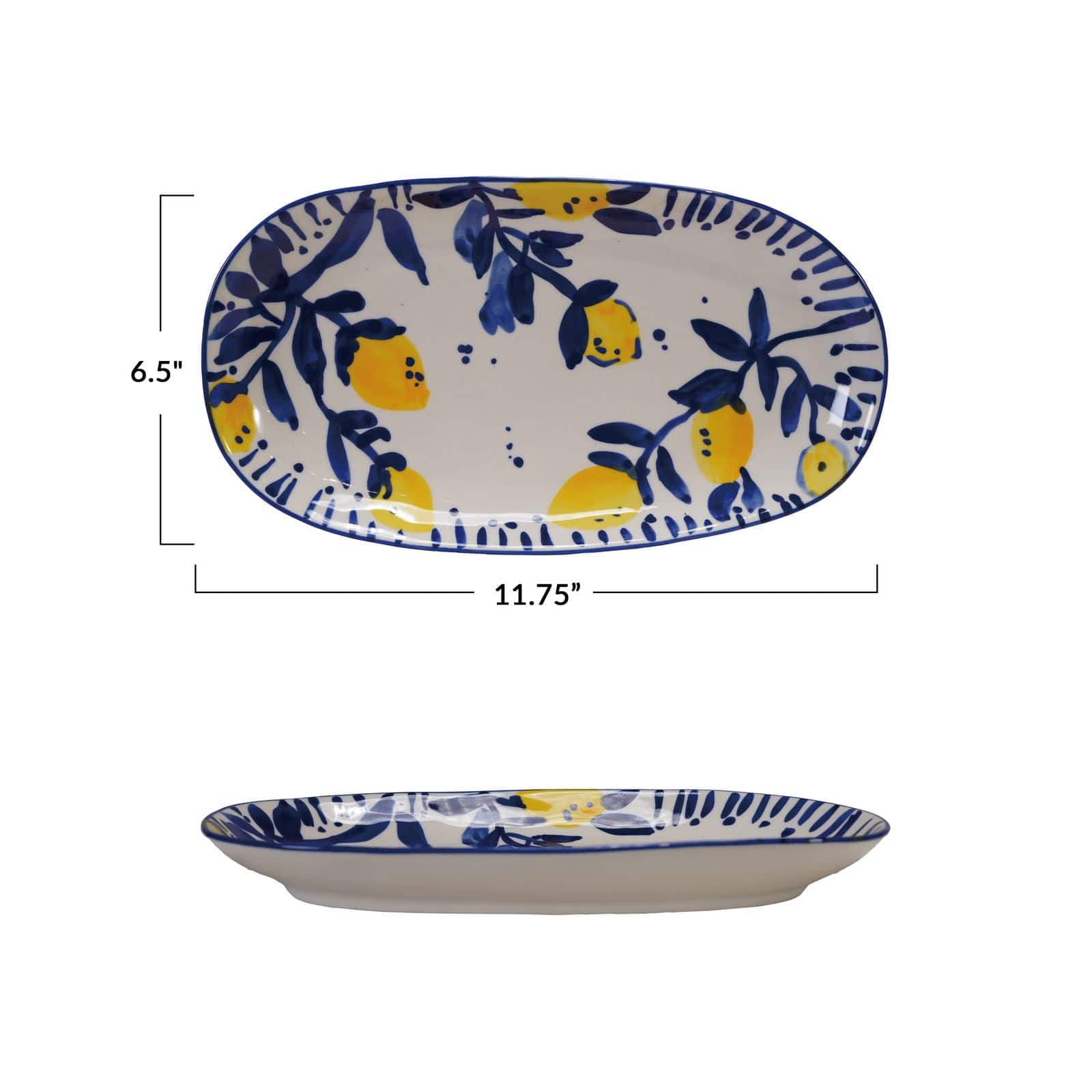 Hello Honey® Hand Painted Stoneware Platter with Lemons, White, Blue and Yellow
