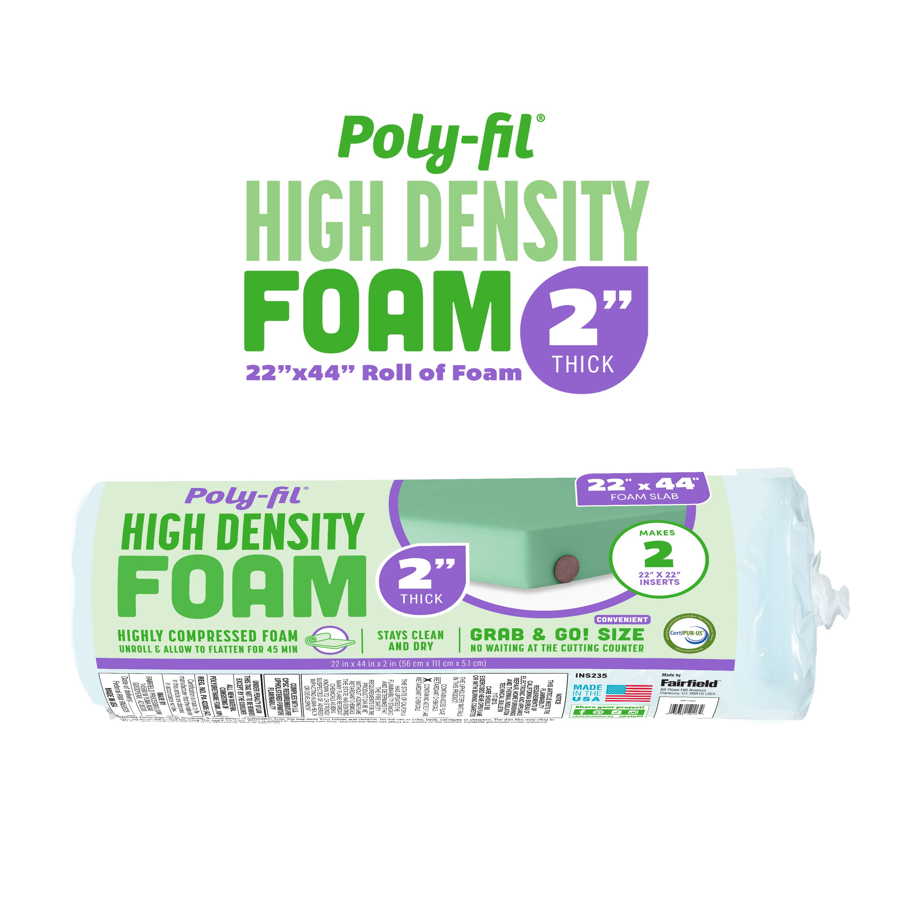 Poly-Fil&#xAE; 2&#x22; High Density Foam, 22&#x22; x 44&#x22;