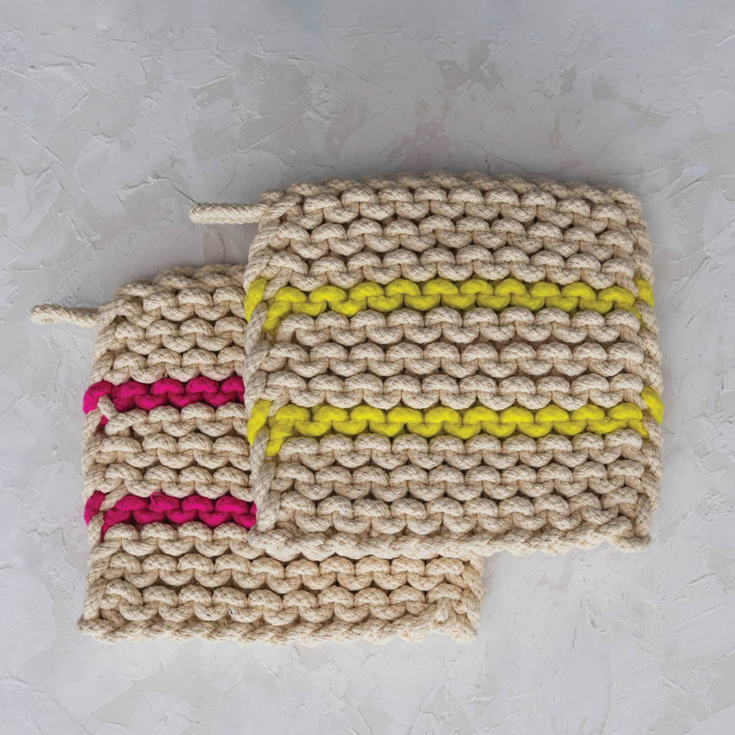 8&#x22; Neon Striped Multicolor Square Cotton Crocheted Pot Holder Set