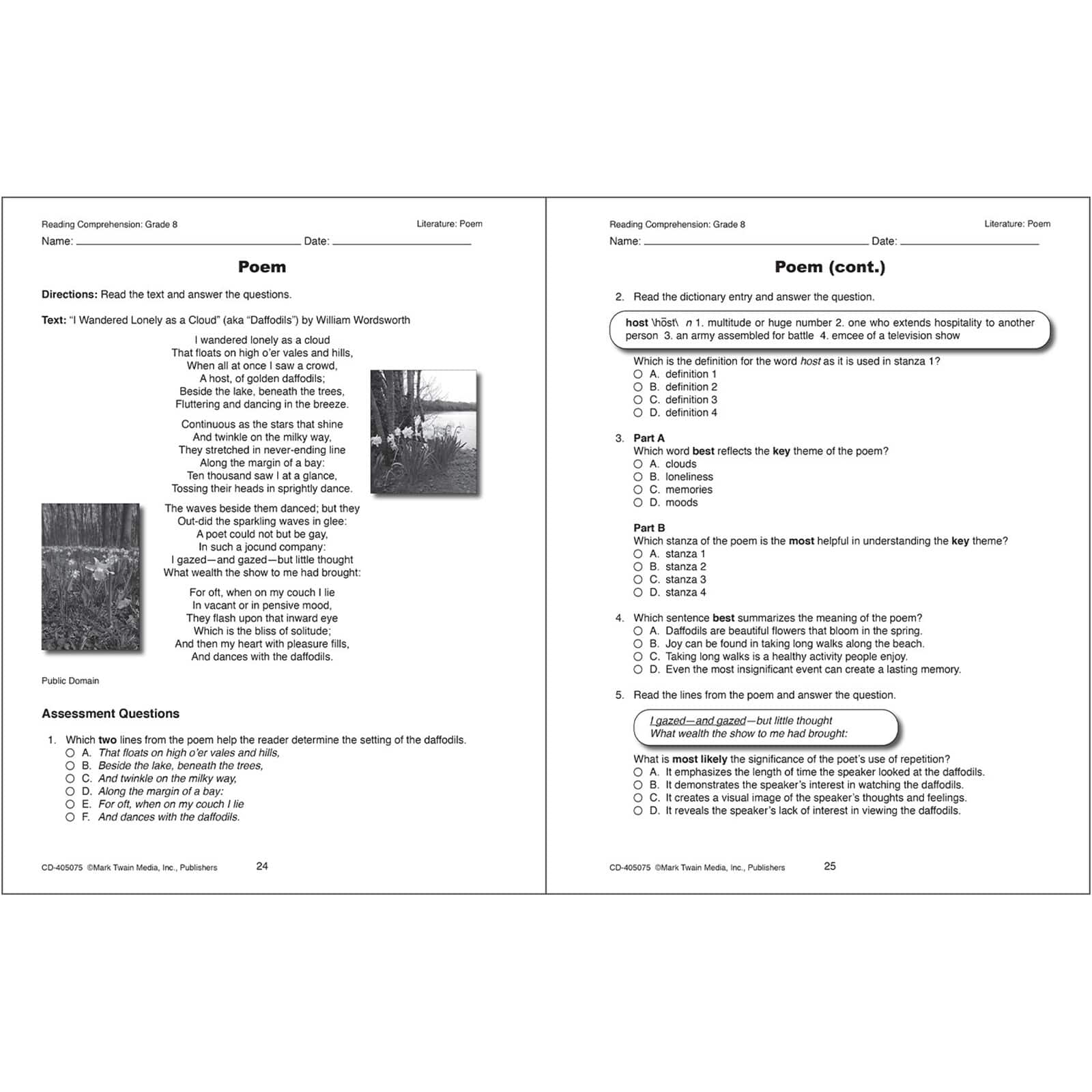 Mark Twain Reading Comprehension Workbook, Grade 8