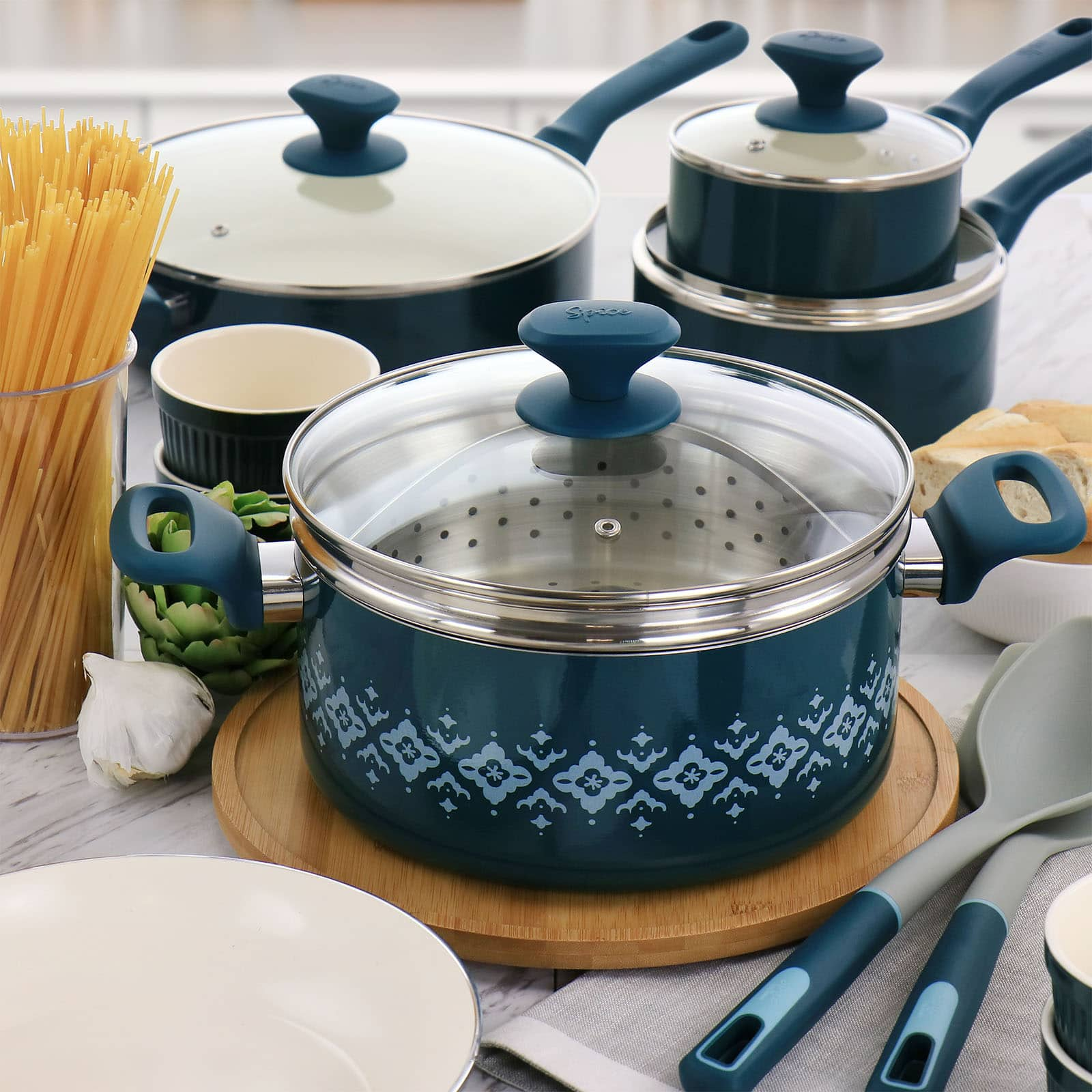 Spice by Tia Mowry Savory Saffron 16 Piece Ceramic Nonstick Cookware Set in Teal