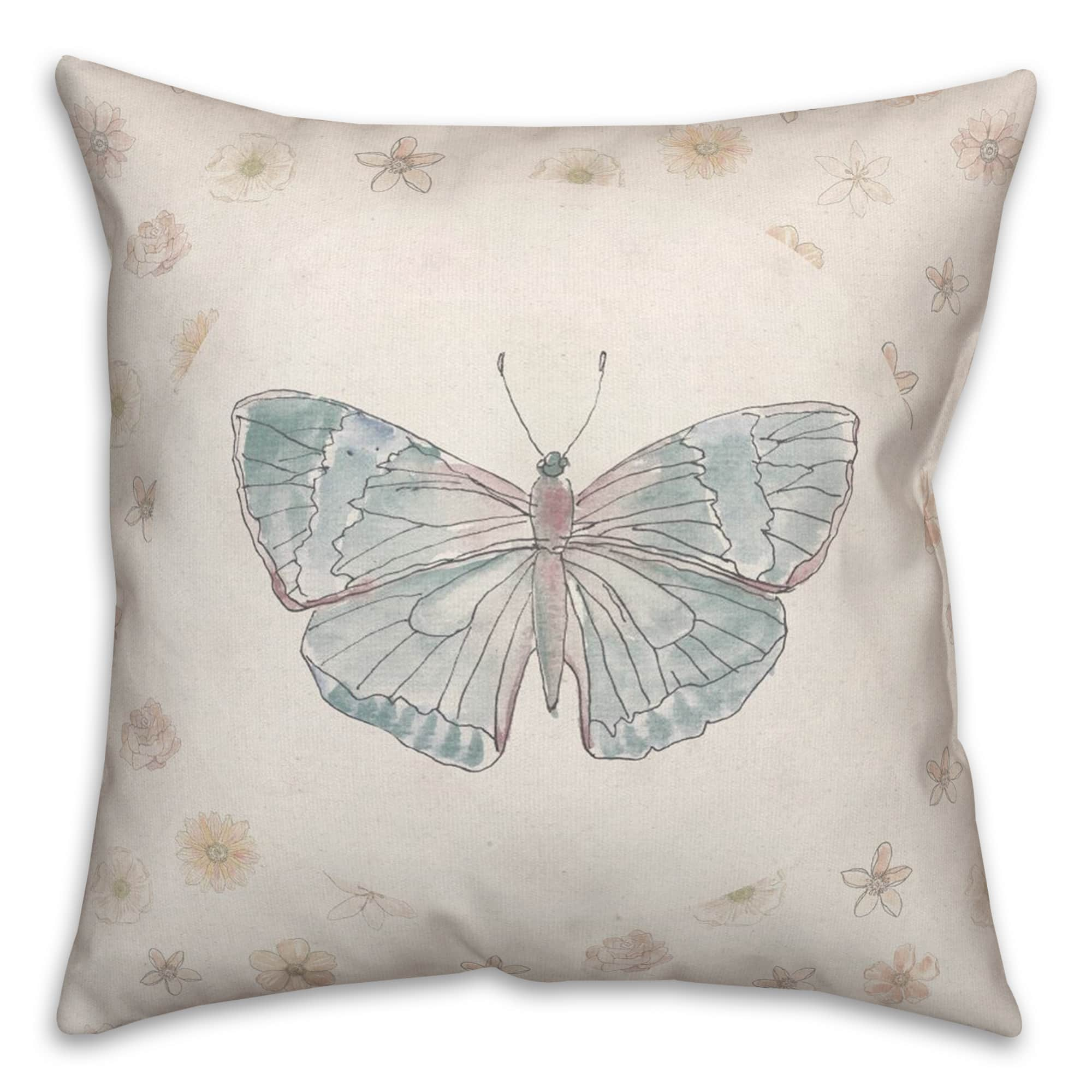 Blue Butterfly &#x26; Floral Throw Pillow