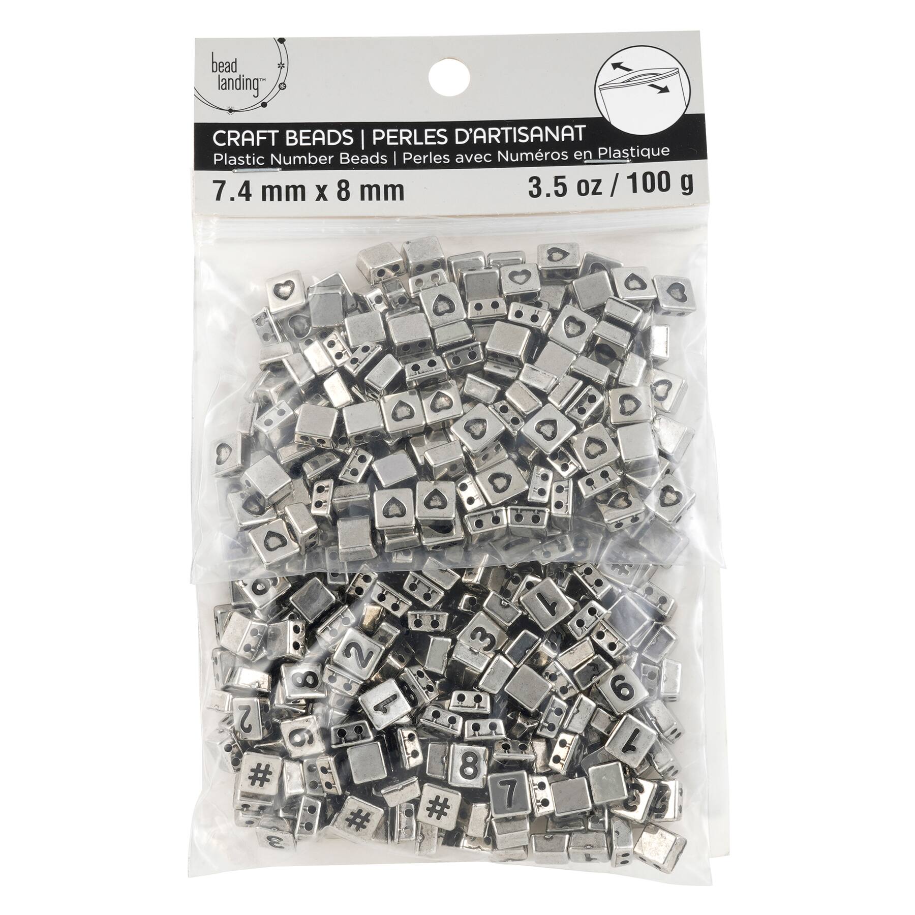 Rhodium Number &#x26; Heart Plastic Craft Beads, 8mm by Bead Landing&#x2122;