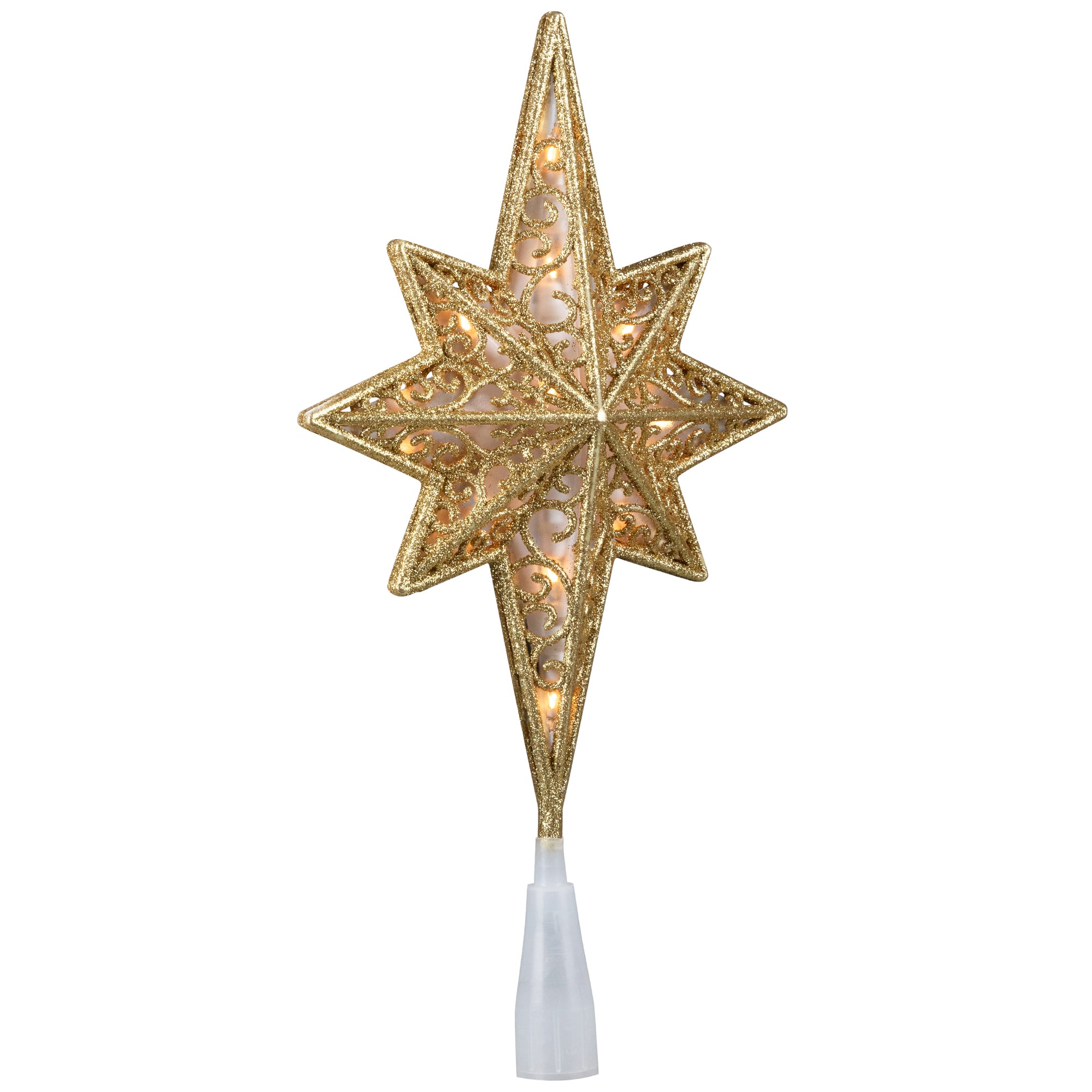 Lighted Frosted Clear and Gold Scroll Star of Bethlehem Christmas Tree Topper - 11&#x22; - Clear Lights