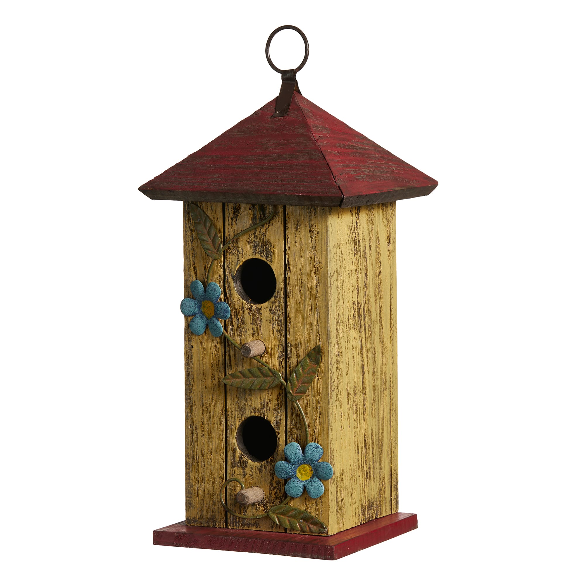 Glitzhome® 11.75" Yellow Washed 3D Metal Flowers Distressed Wood Cottage Birdhouse