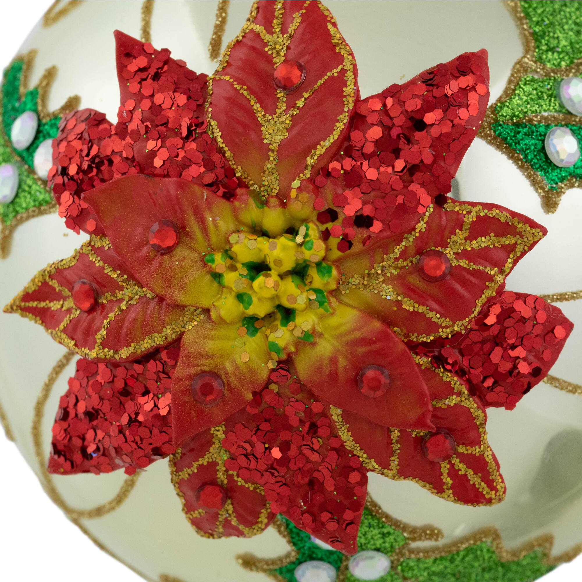 4" Red Glittered 2-D Poinsettia Glass Ball Ornament