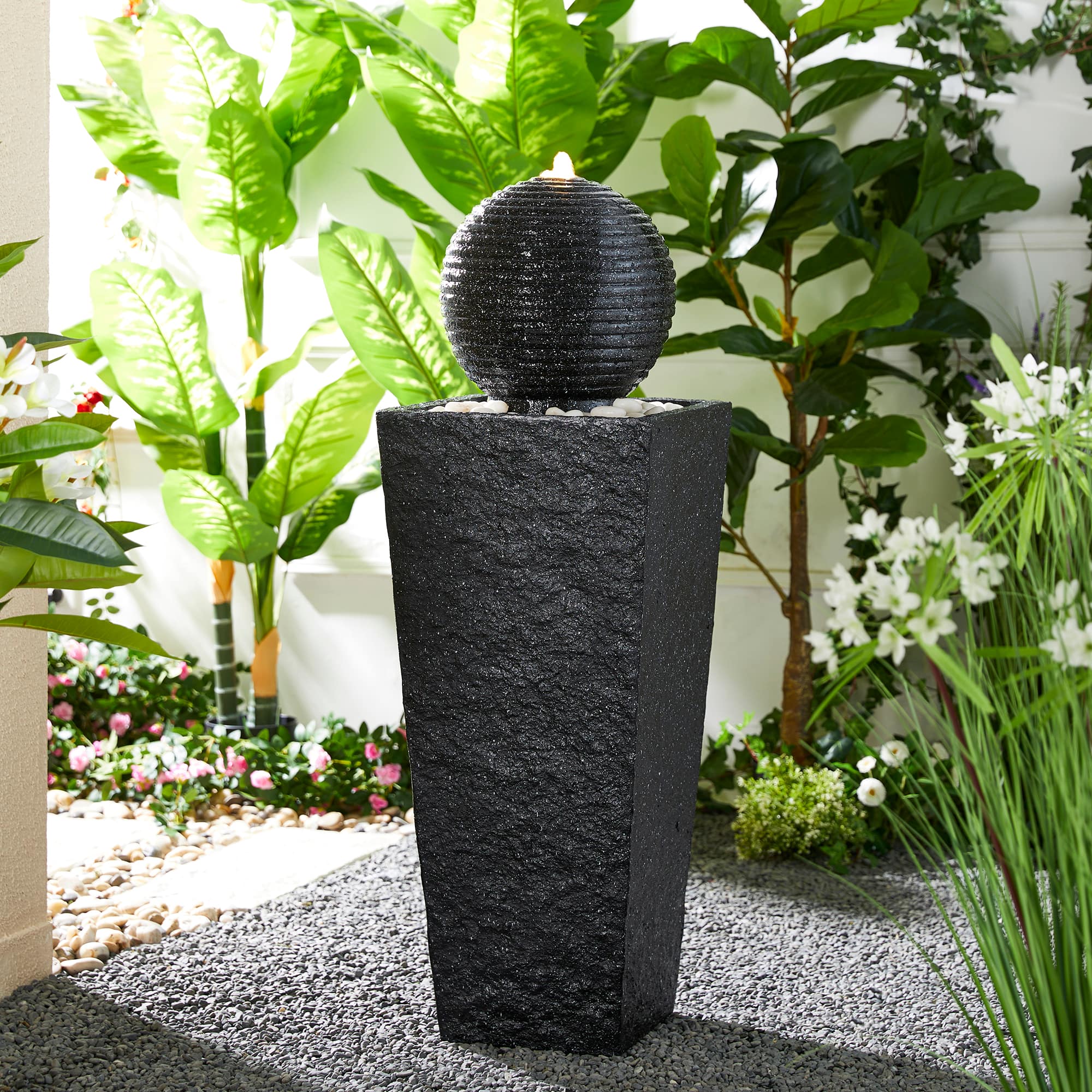 Glitzhome® Modern LED Black Geometric Pedestal & Sphere Outdoor Floor Fountain
