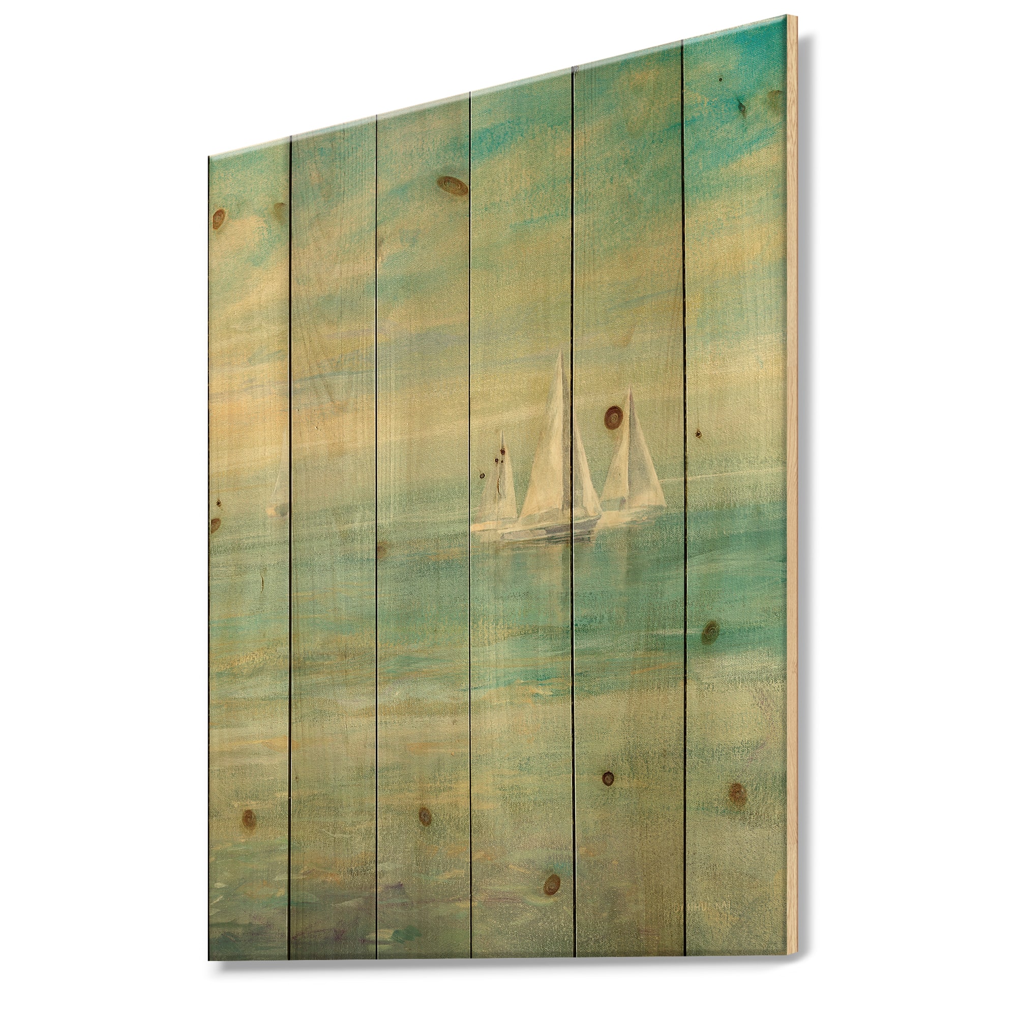 Designart - Sunrise Boat II - Nautical &#x26; Coastal Print on Natural Pine Wood