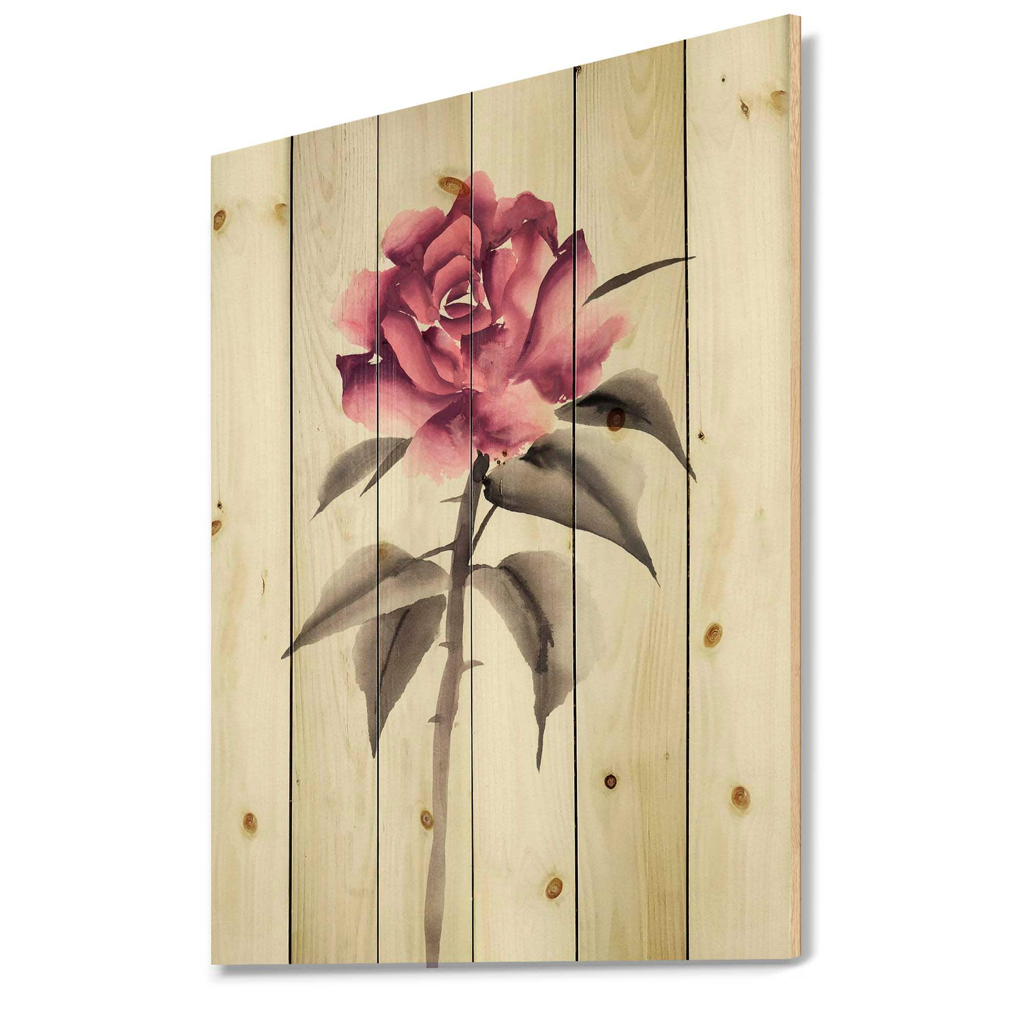 Designart - Vintage Pink Rose Flower - Traditional Print on Natural Pine Wood